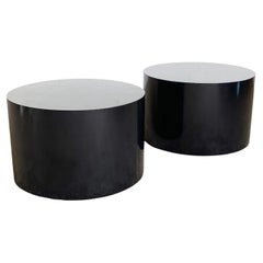 Retro Postmodern Black Lacquer Laminate Drum Side Tables