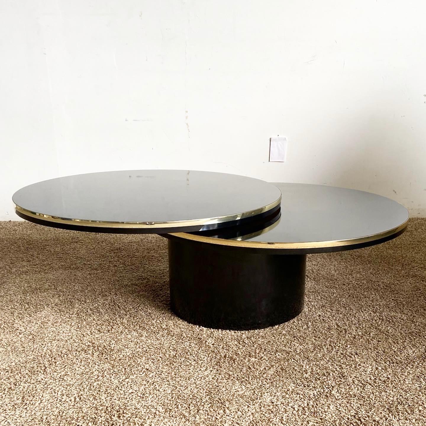 Postmodern Black Lacquer Laminate Two Tier Swivel Coffee Table With Gold Trim For Sale 2