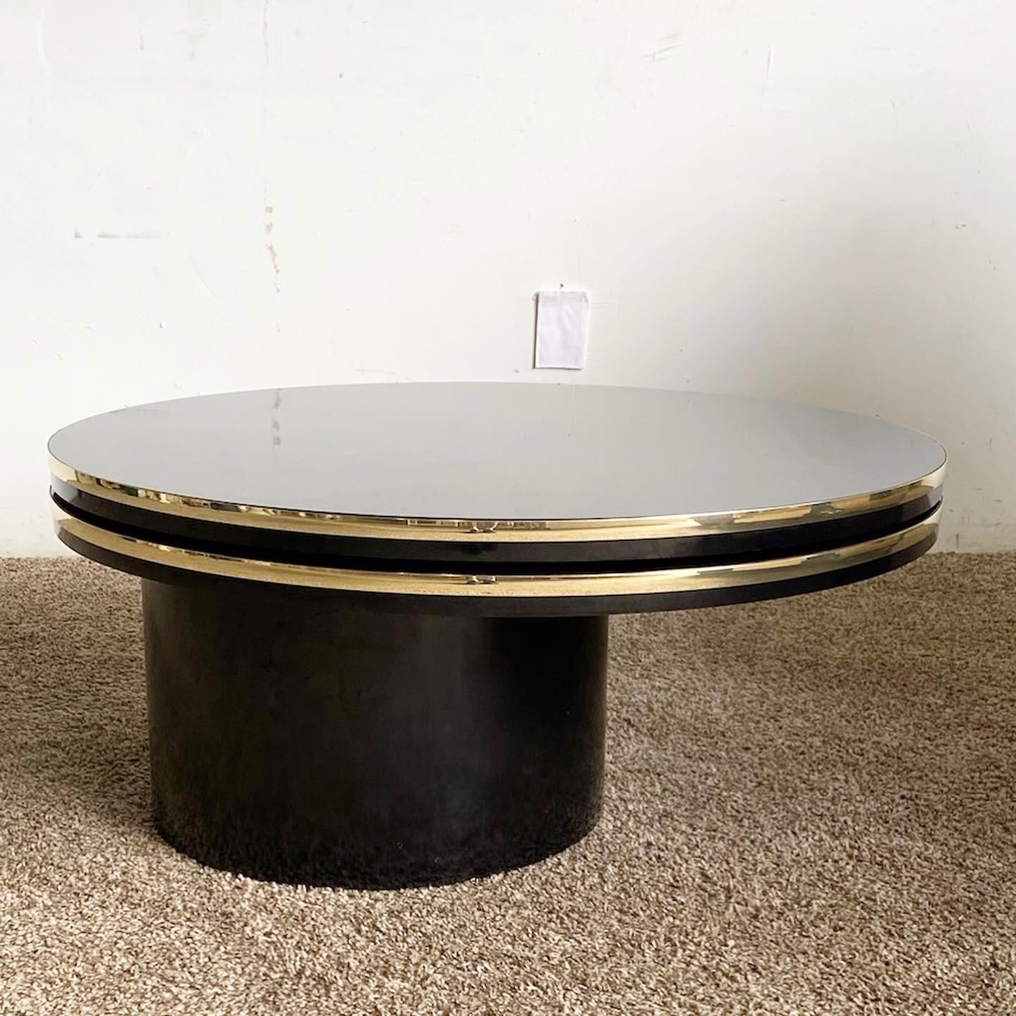 Wood Postmodern Black Lacquer Laminate Two Tier Swivel Coffee Table With Gold Trim For Sale