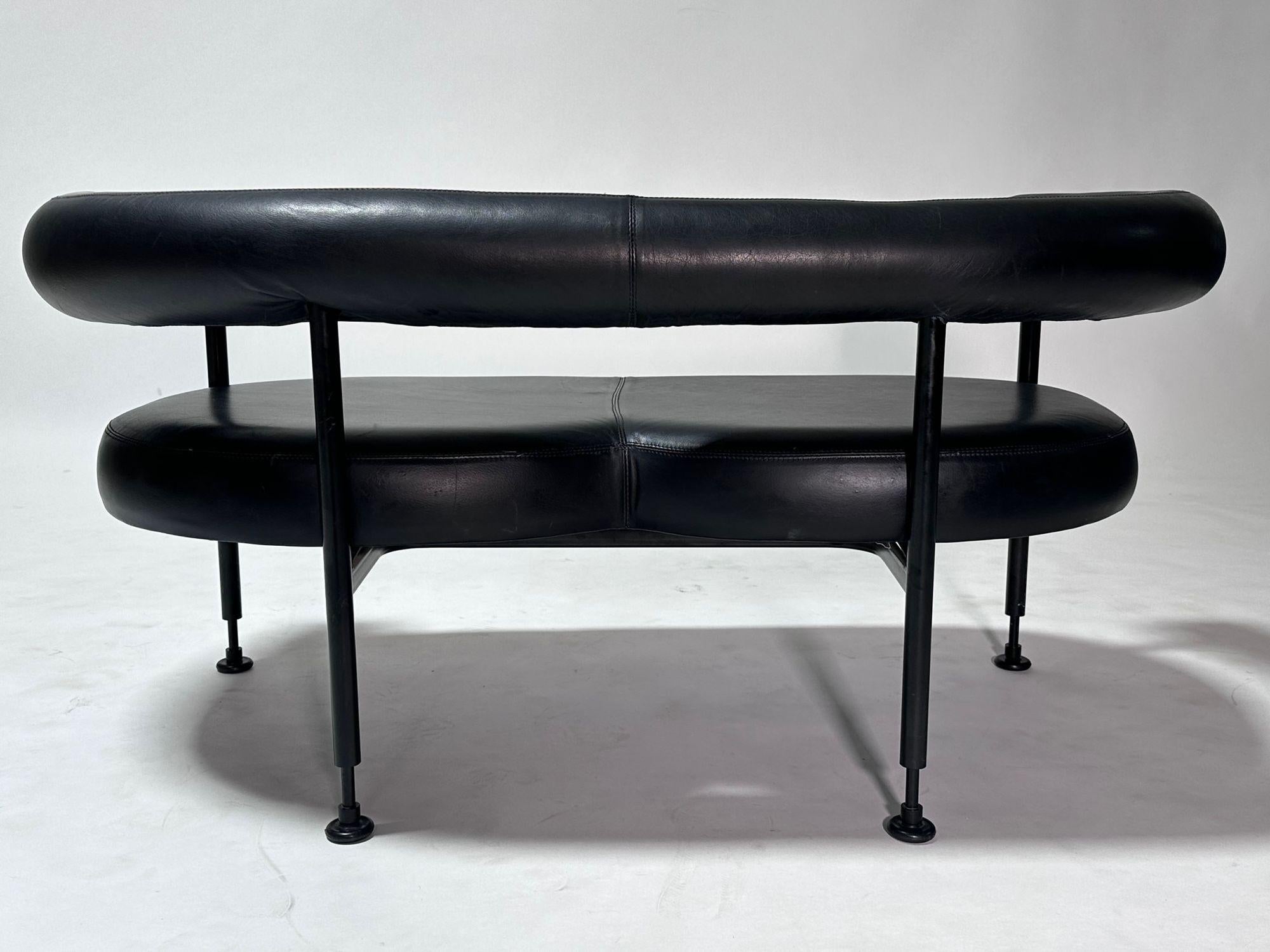 American Post Modern Black Leather and Steel Settee Bench, 1980 For Sale