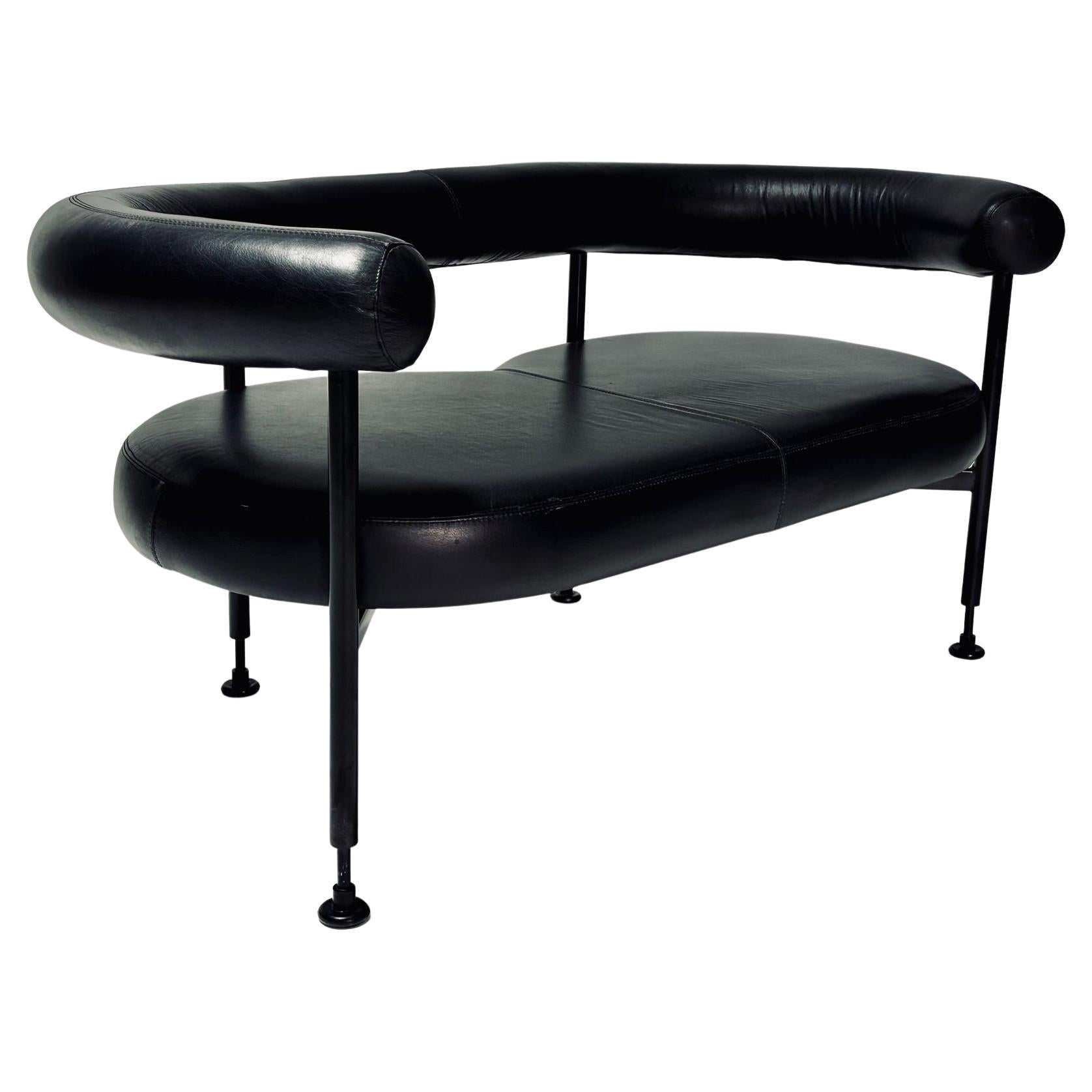 Post Modern Black Leather and Steel Settee Bench, 1980 For Sale