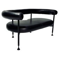 Post Modern Black Leather and Steel Settee Bench, 1980
