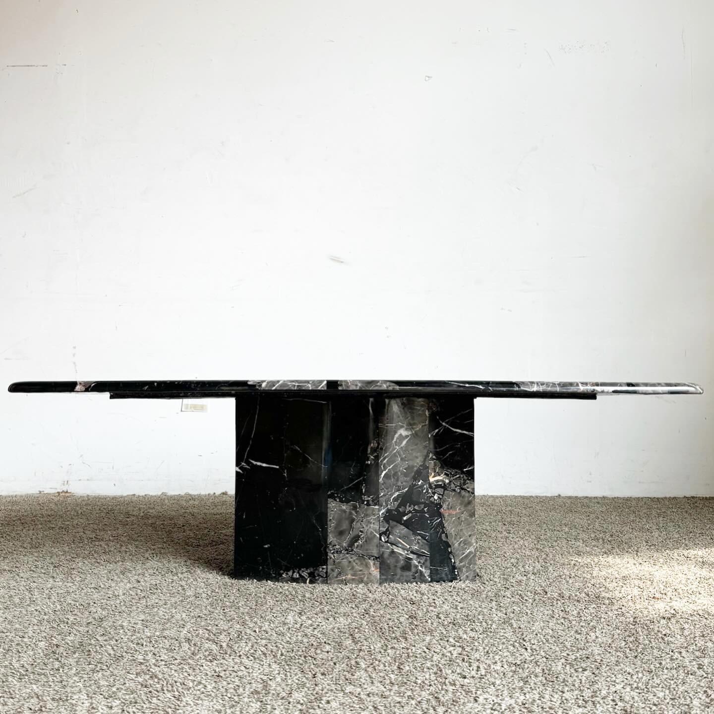 Post-Modern Postmodern Black Marble Coffee Table on Scalloped Pedestal Base
