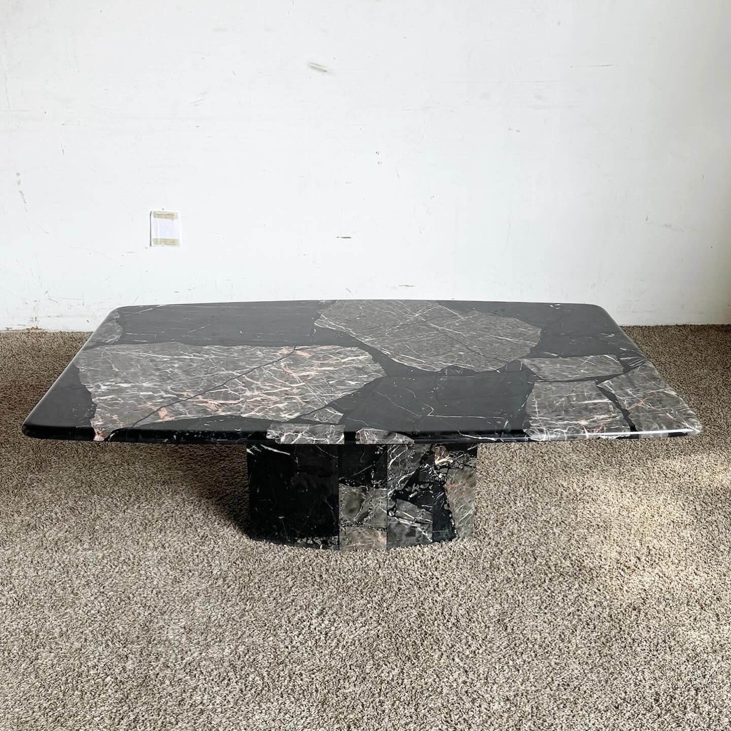 20th Century Postmodern Black Marble Coffee Table on Scalloped Pedestal Base