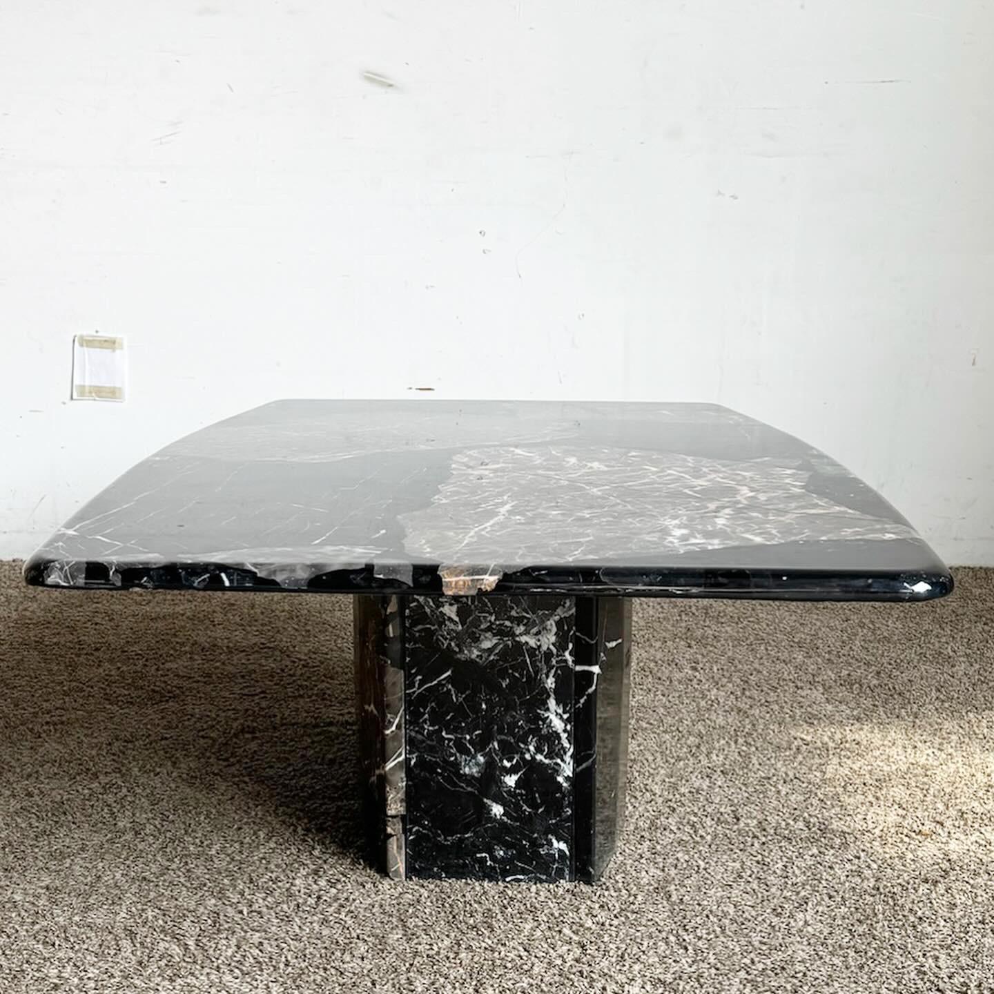 Postmodern Black Marble Coffee Table on Scalloped Pedestal Base 1
