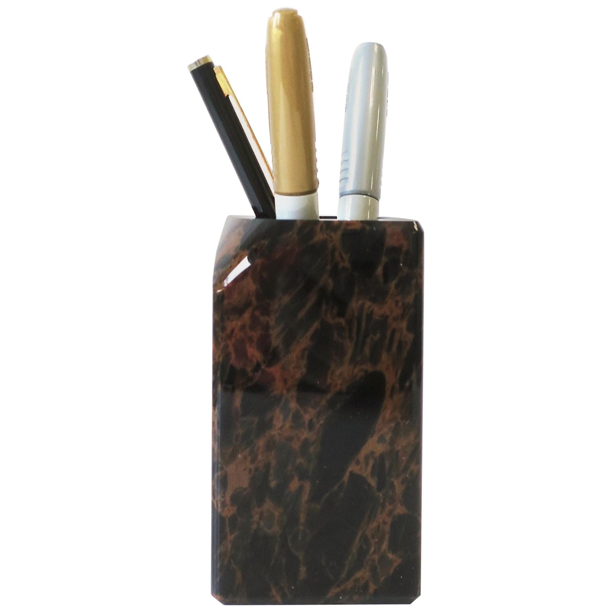 Postmodern Black Marble Desk Pen Pencil Holder, 1990s