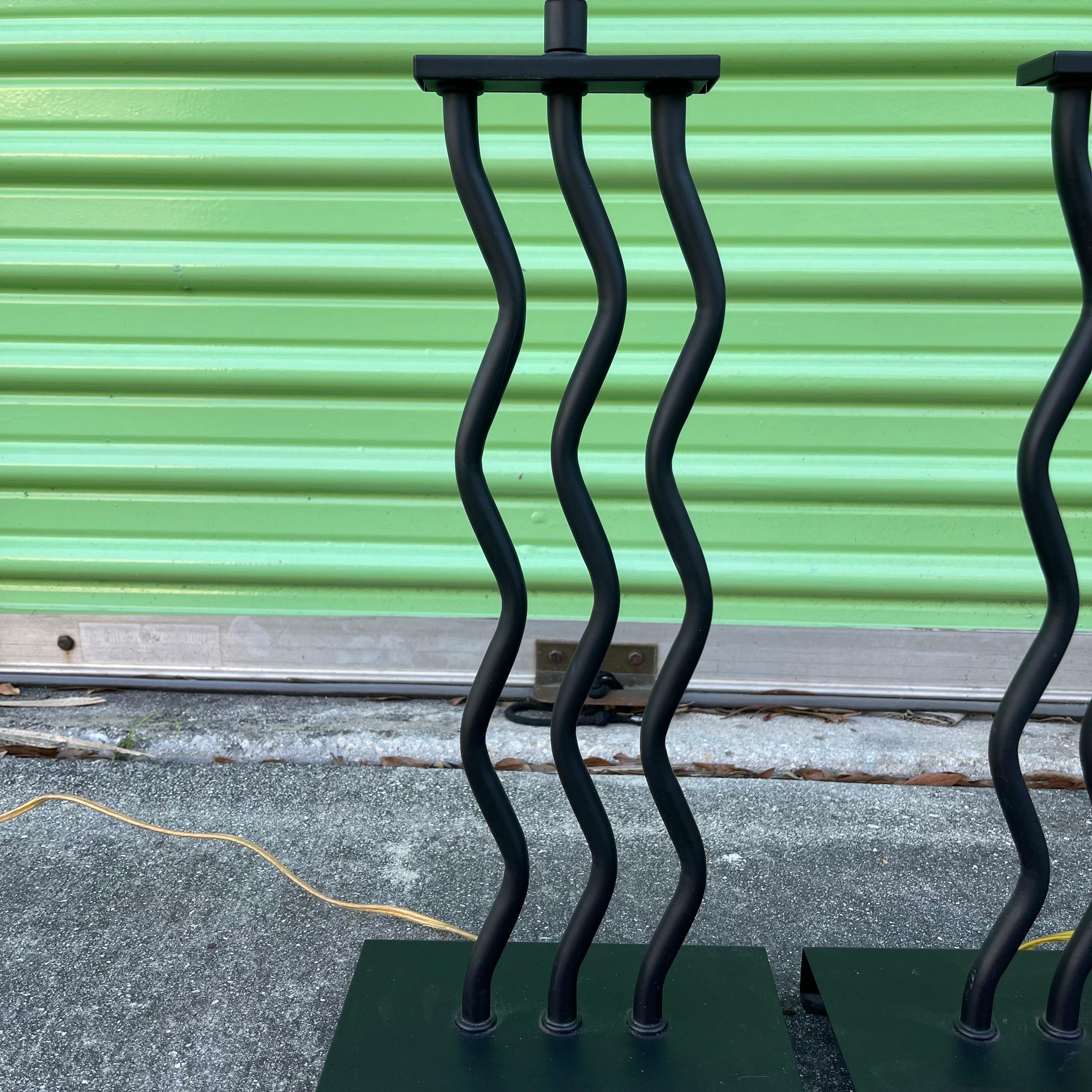 Whimsical pair of postmodern metal squiggle line table lamps.