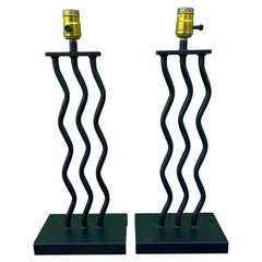 Postmodern Black Metal Wavy Squiggle Line Table Lamps, a Pair