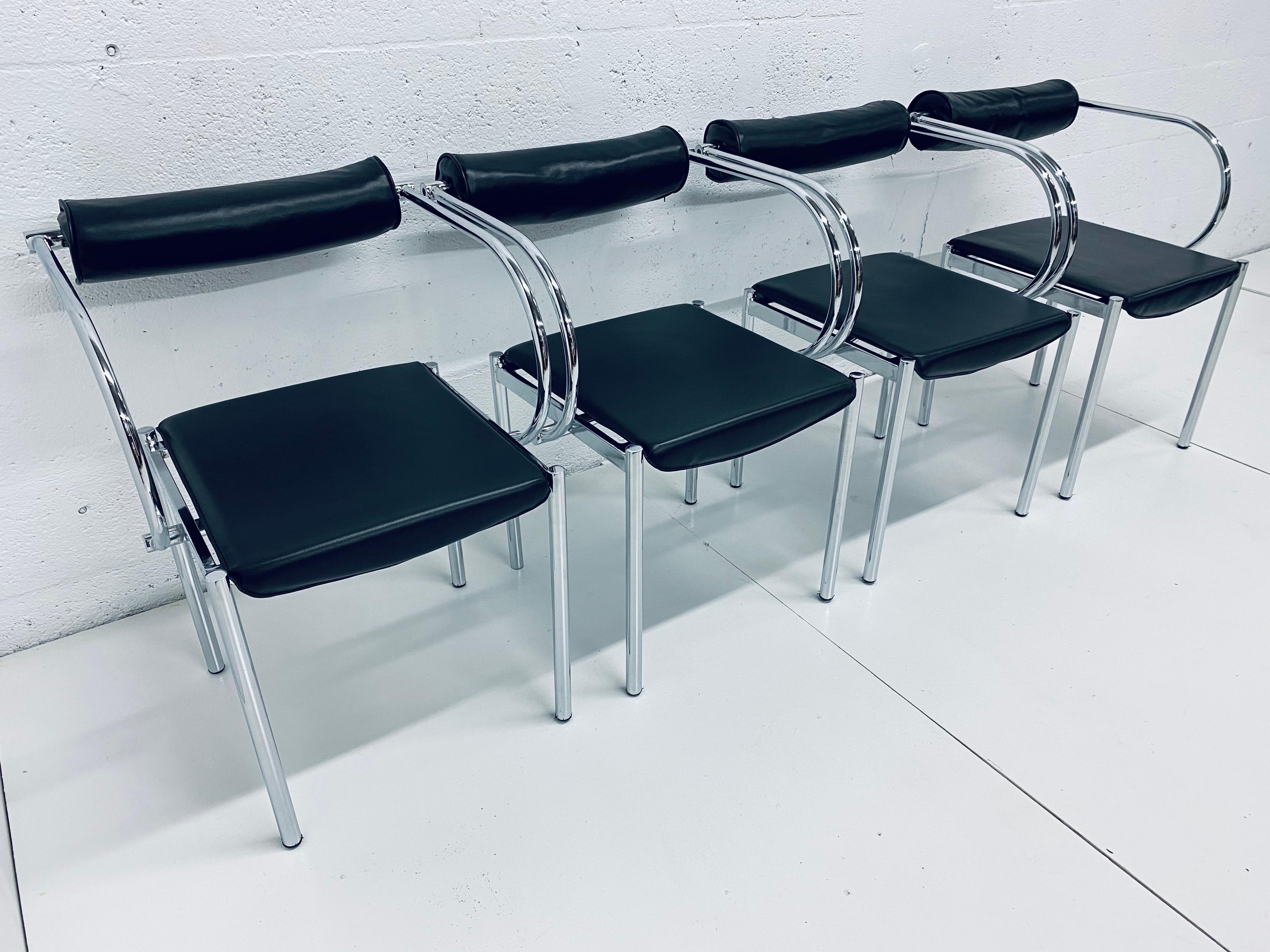 Post-Modern Postmodern Black Naugahyde and Chrome Dining Chairs, Set of Four