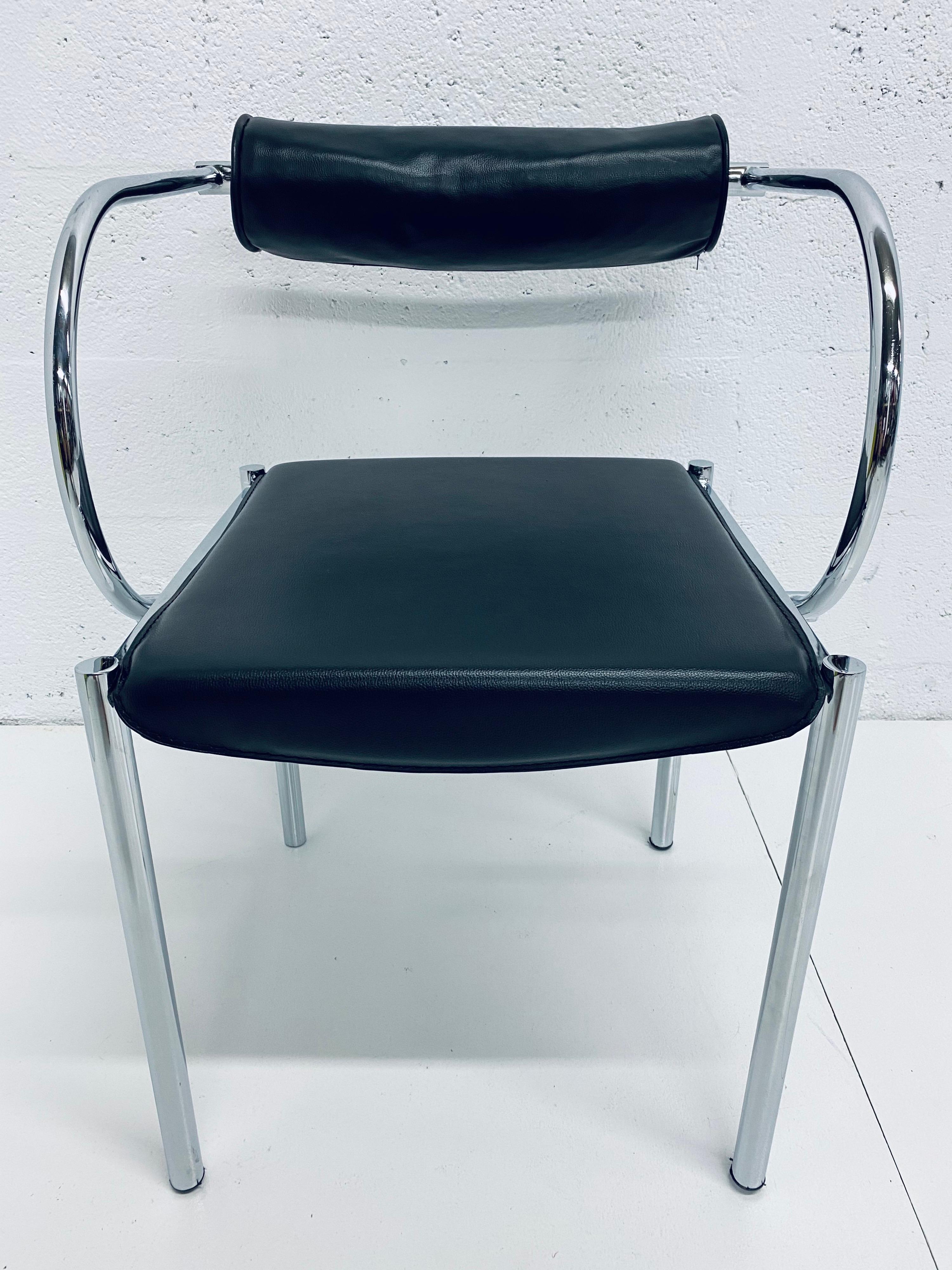 Unknown Postmodern Black Naugahyde and Chrome Dining Chairs, Set of Four