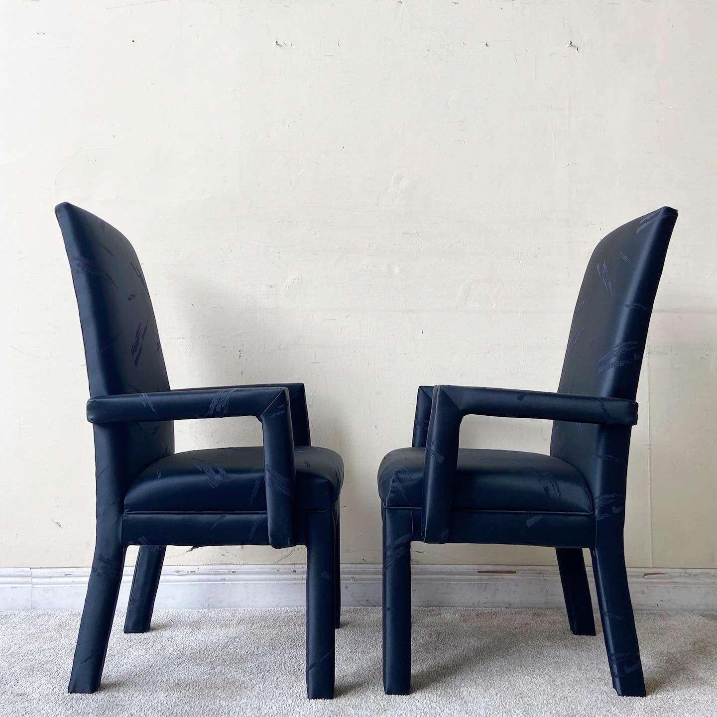 Late 20th Century Postmodern Black on Black Upholstered Parsons Dining Chairs - Set of 6 For Sale