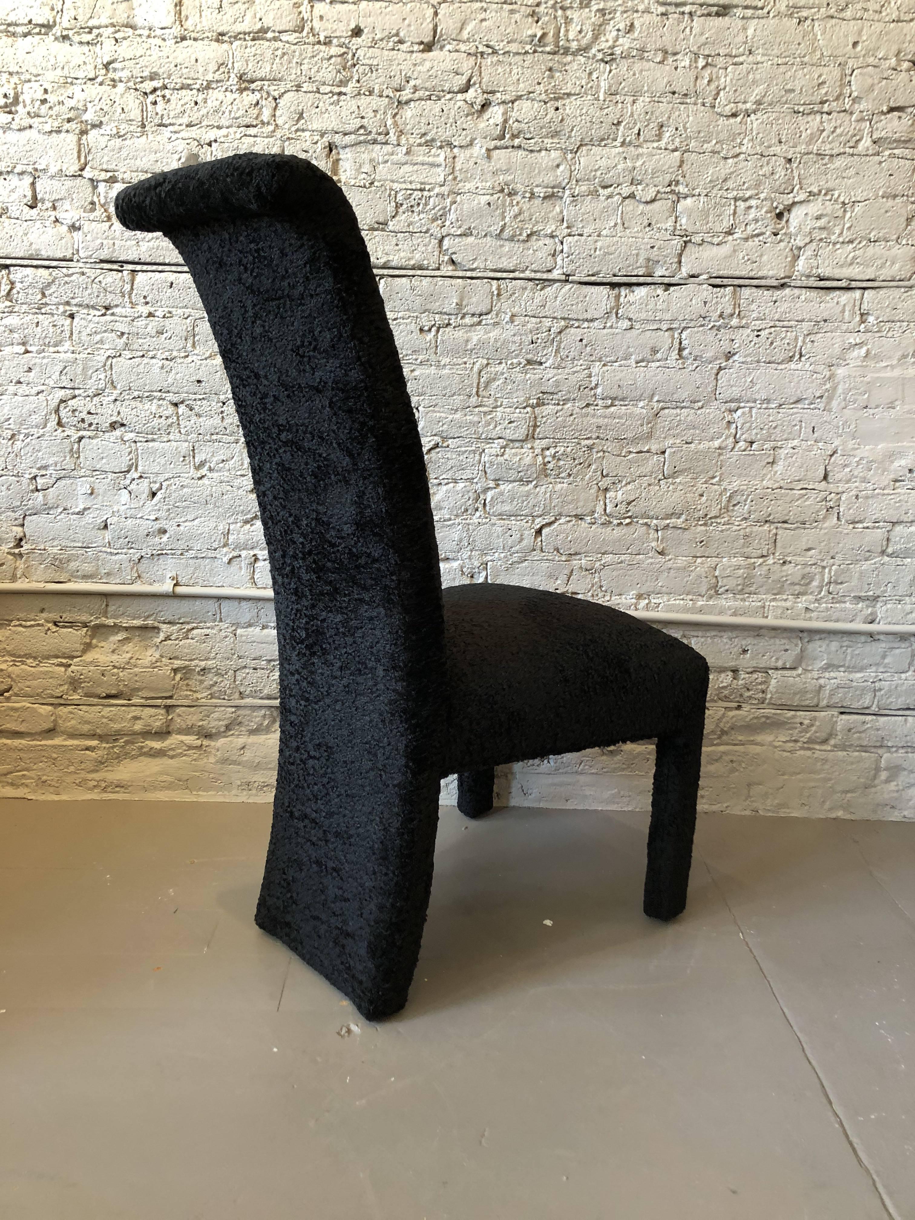 Fully restored postmodern dining chairs. Curl up in the softest and most plush fabric, faux fur Persian lamb! The fabric also cleans very well so don’t worry about spills/messes with these.

Dimensions: 21