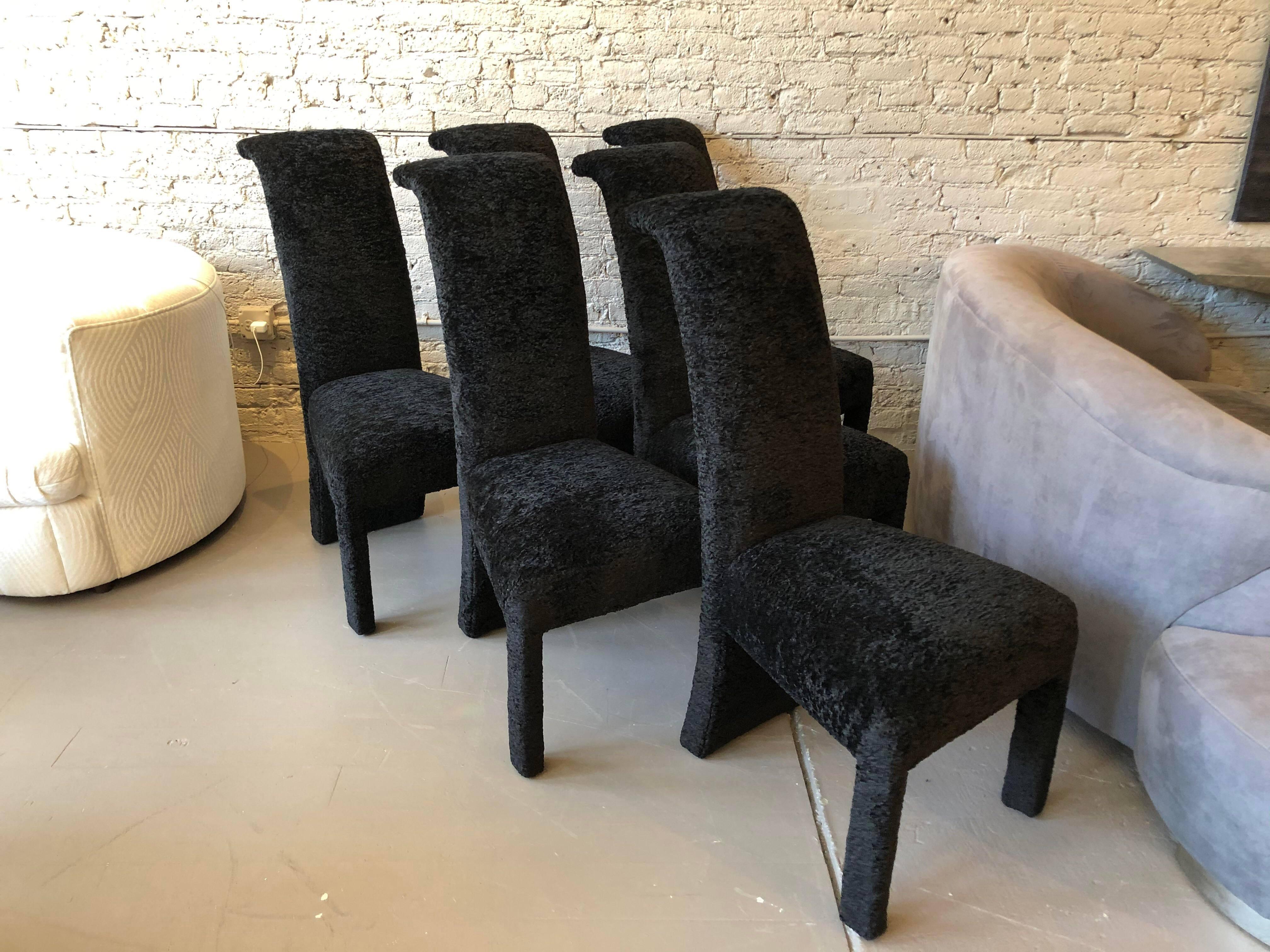 Post-Modern Postmodern Black Persian Lamb Boucle Dining Chairs, Set of 6 For Sale