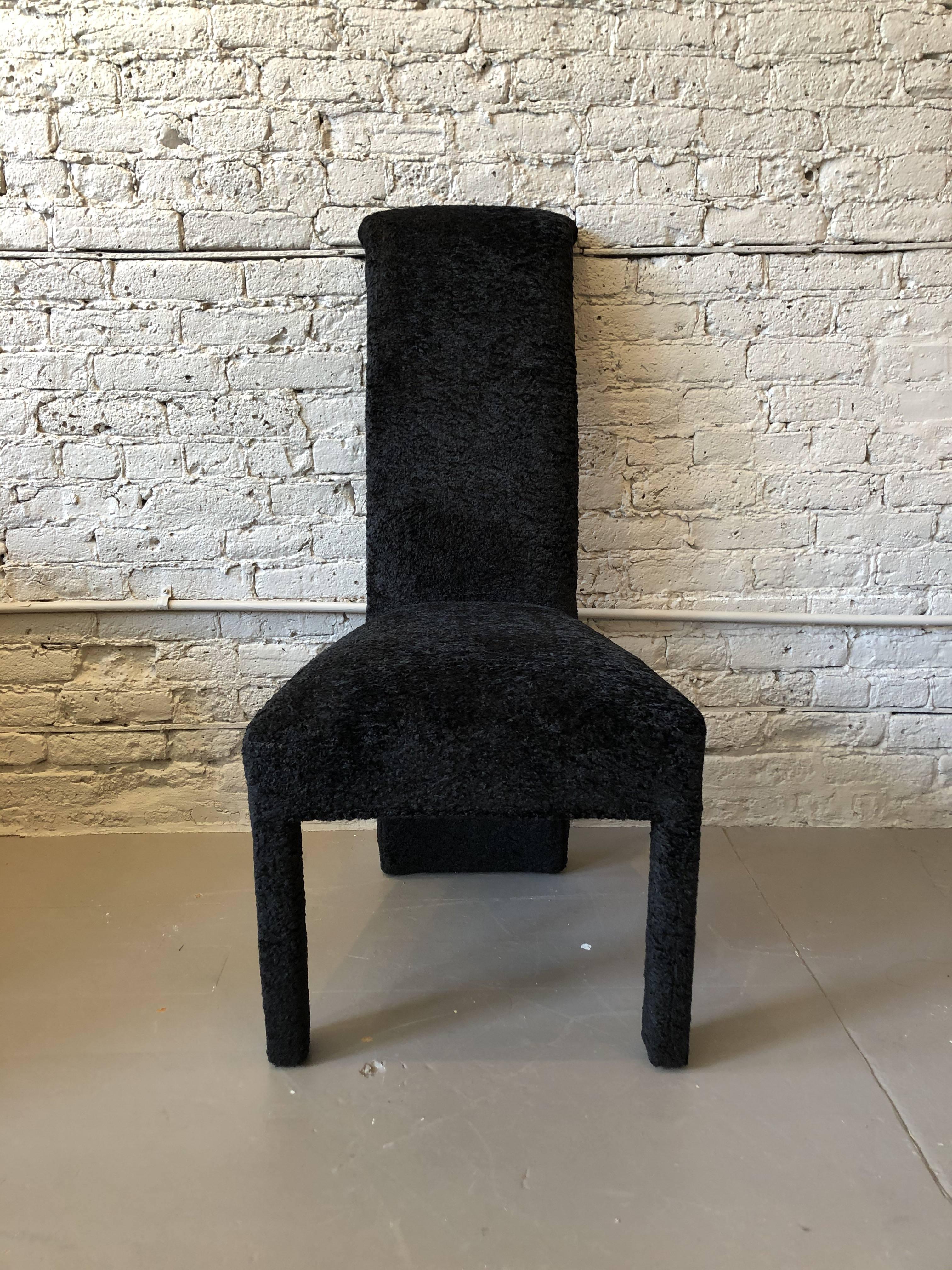 American Postmodern Black Persian Lamb Boucle Dining Chairs, Set of 6 For Sale