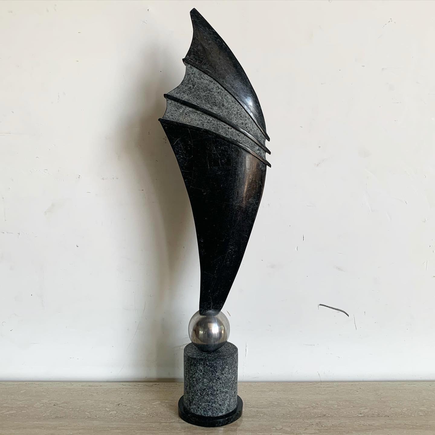 Postmodern Black Tessellated Stone and Metal Sculpture In Good Condition For Sale In Delray Beach, FL