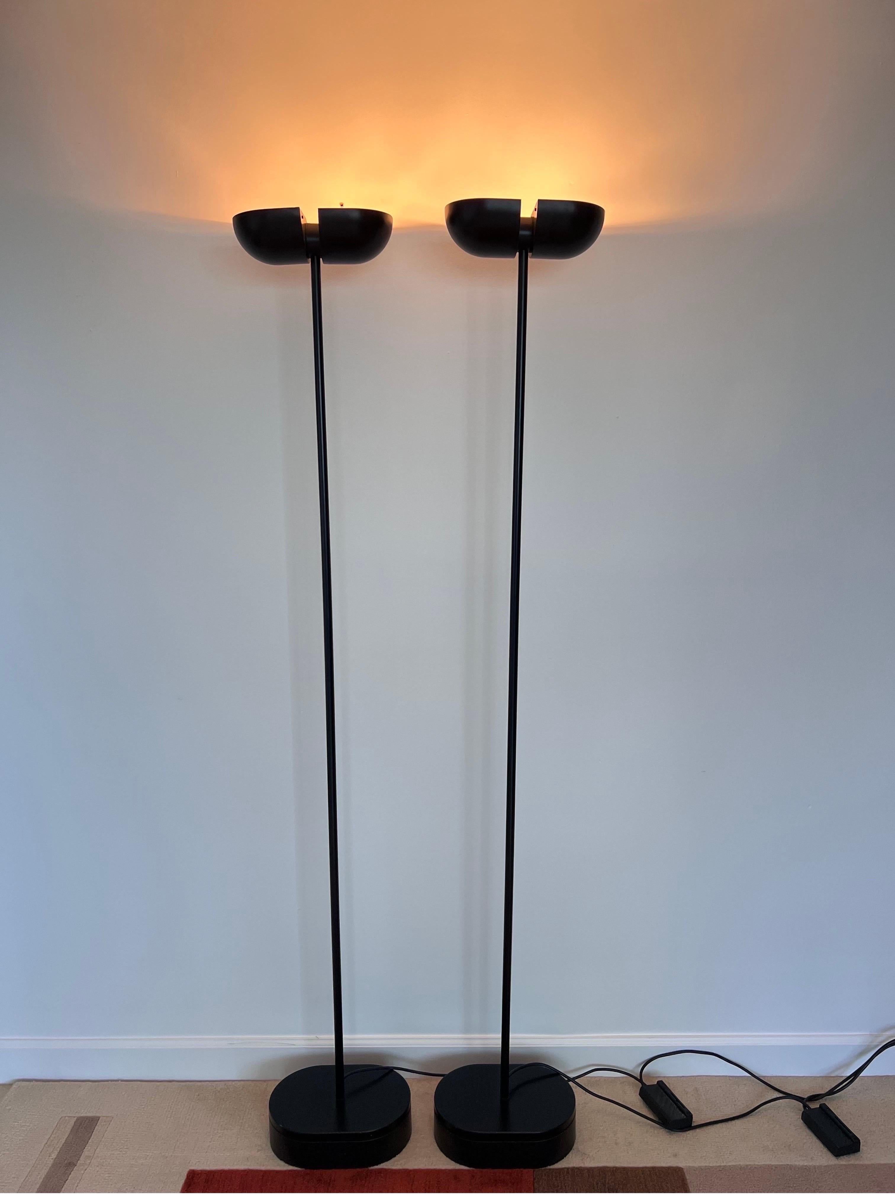 Postmodern Black Torchiere Floor Lamps with Adjustable Heads, 1980s, a Pair In Good Condition In Miami, FL