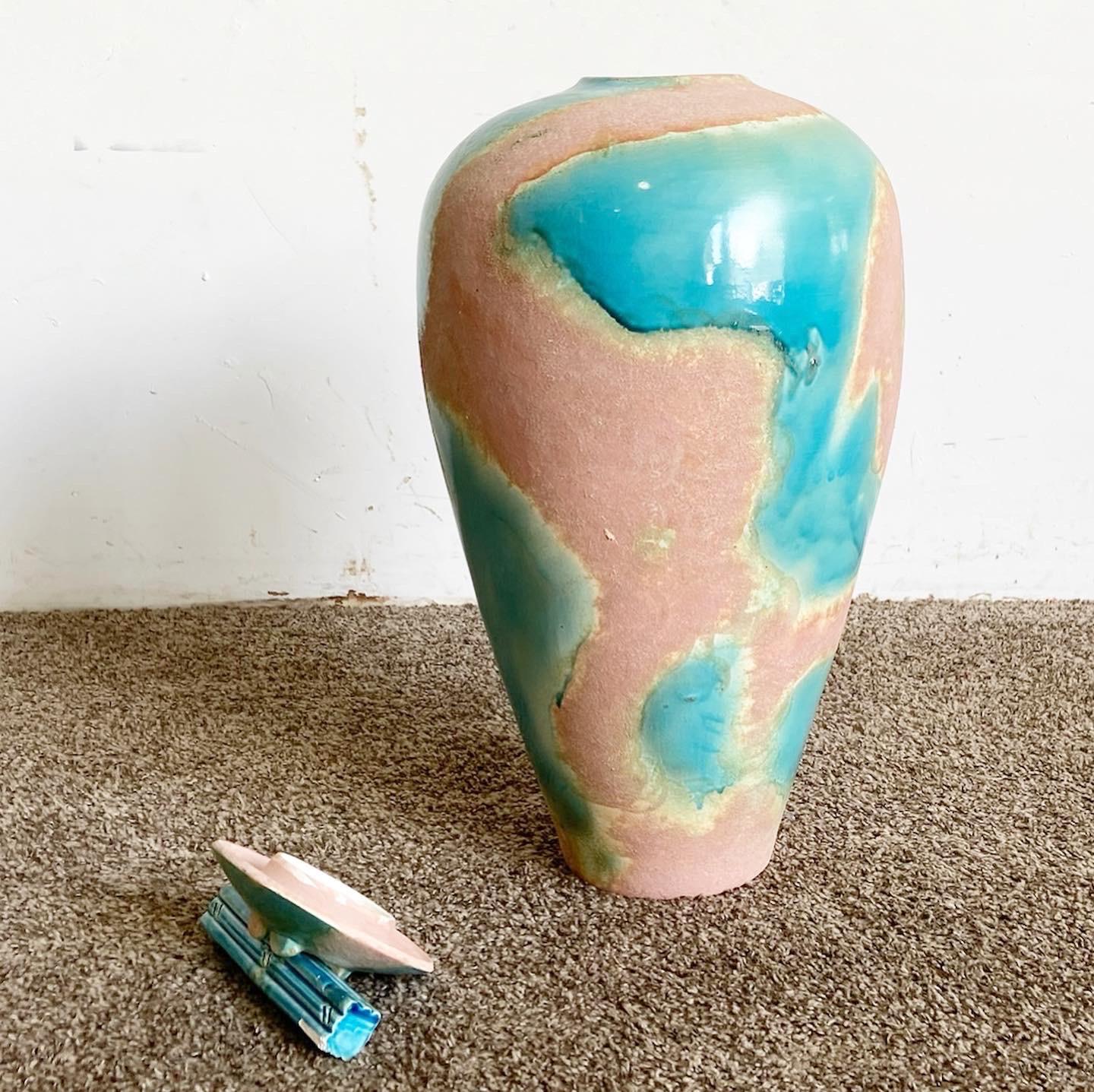 American Postmodern Blue and Pink Vase With Sculpted Lid For Sale
