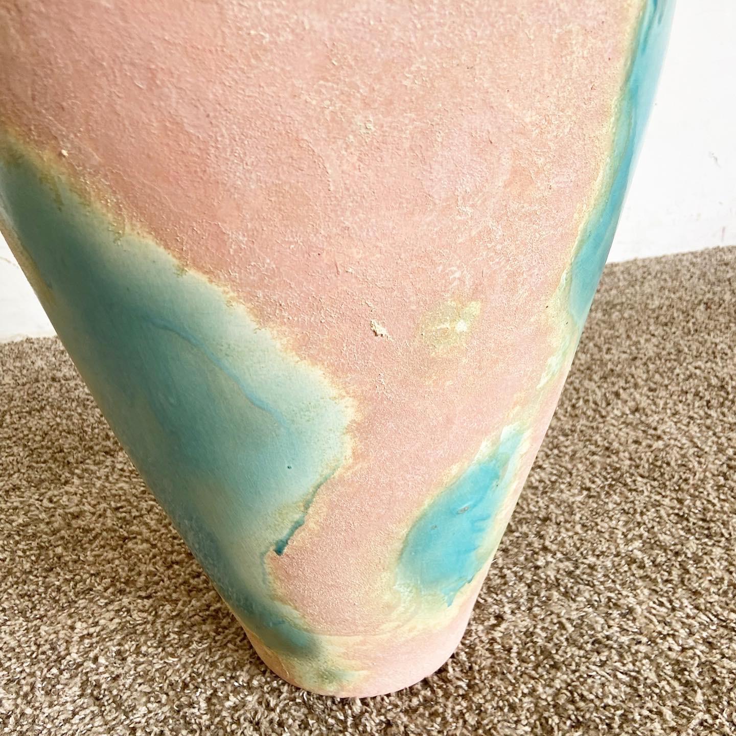 Postmodern Blue and Pink Vase With Sculpted Lid In Good Condition For Sale In Delray Beach, FL