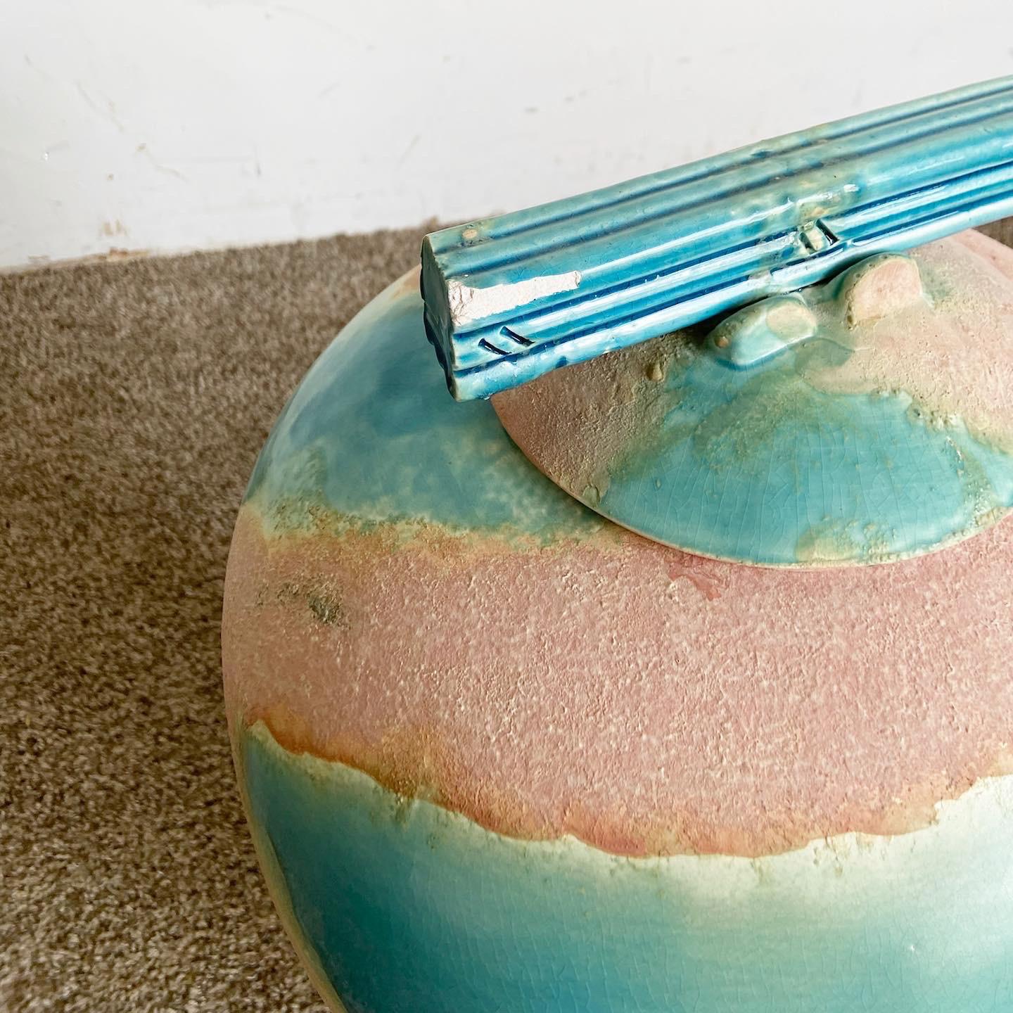 Ceramic Postmodern Blue and Pink Vase With Sculpted Lid For Sale