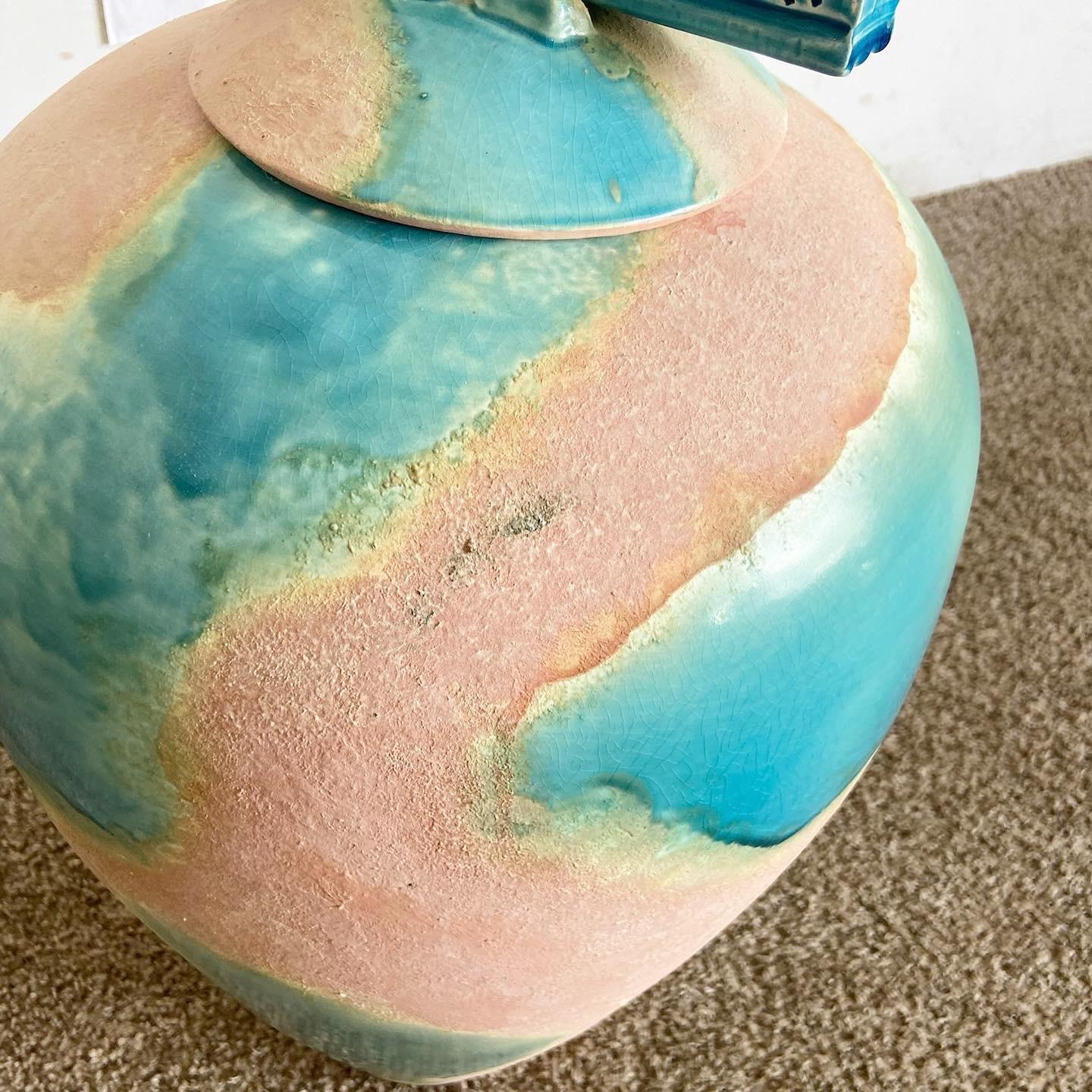 Postmodern Blue and Pink Vase With Sculpted Lid For Sale 1