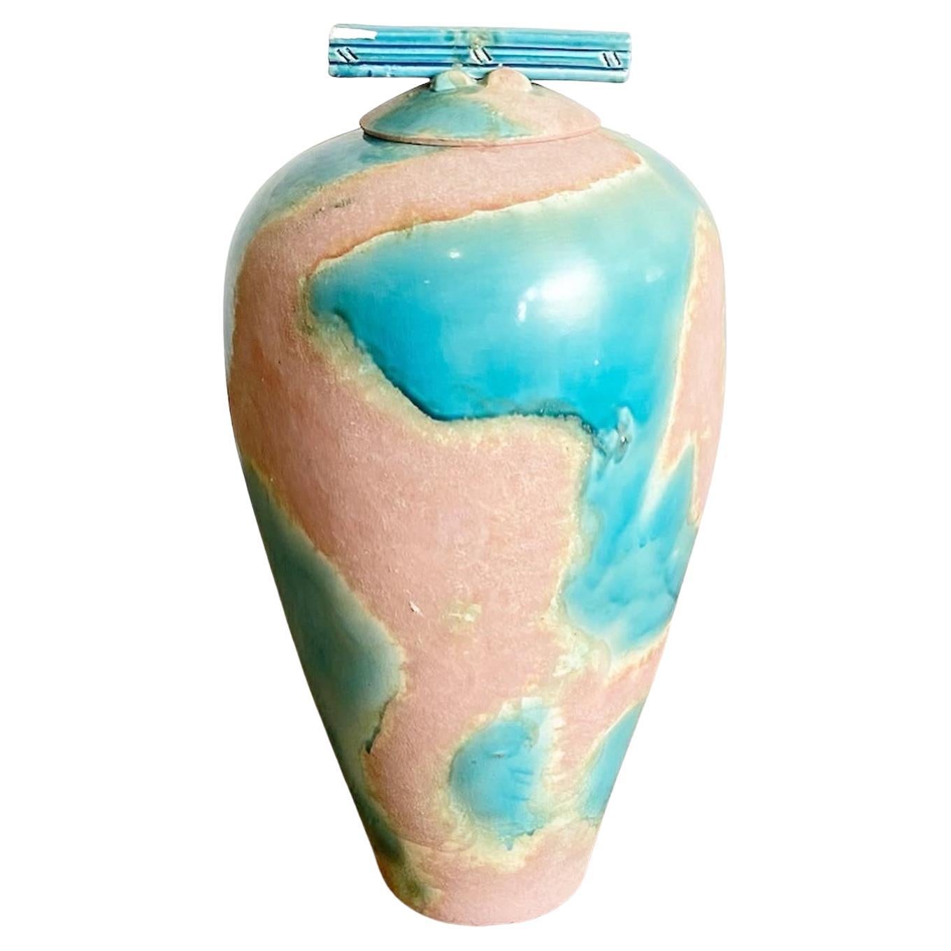 Postmodern Blue and Pink Vase With Sculpted Lid For Sale