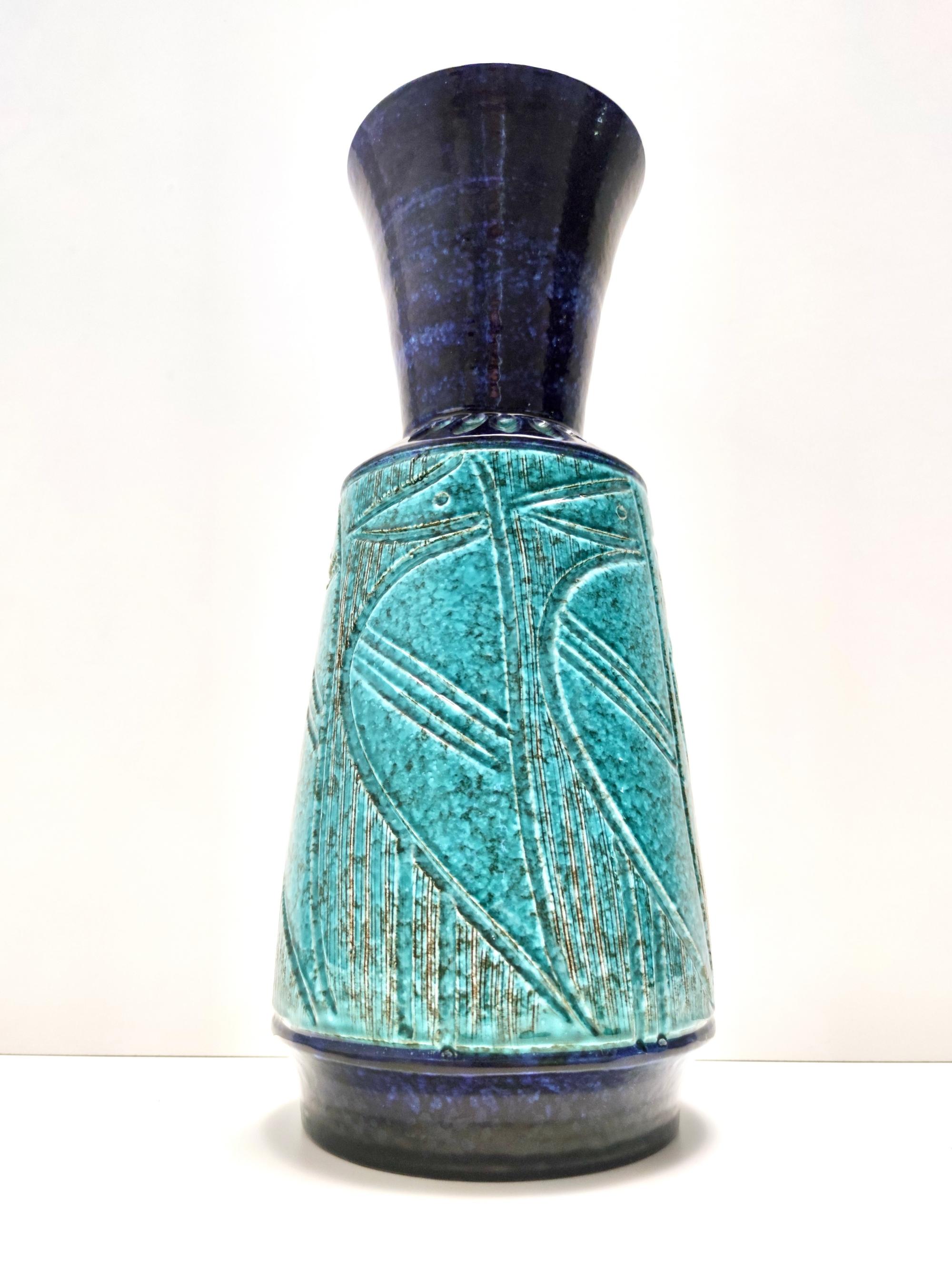 Engraved Postmodern Blue and Teal Ceramic Vase in the style of Bitossi For Sale