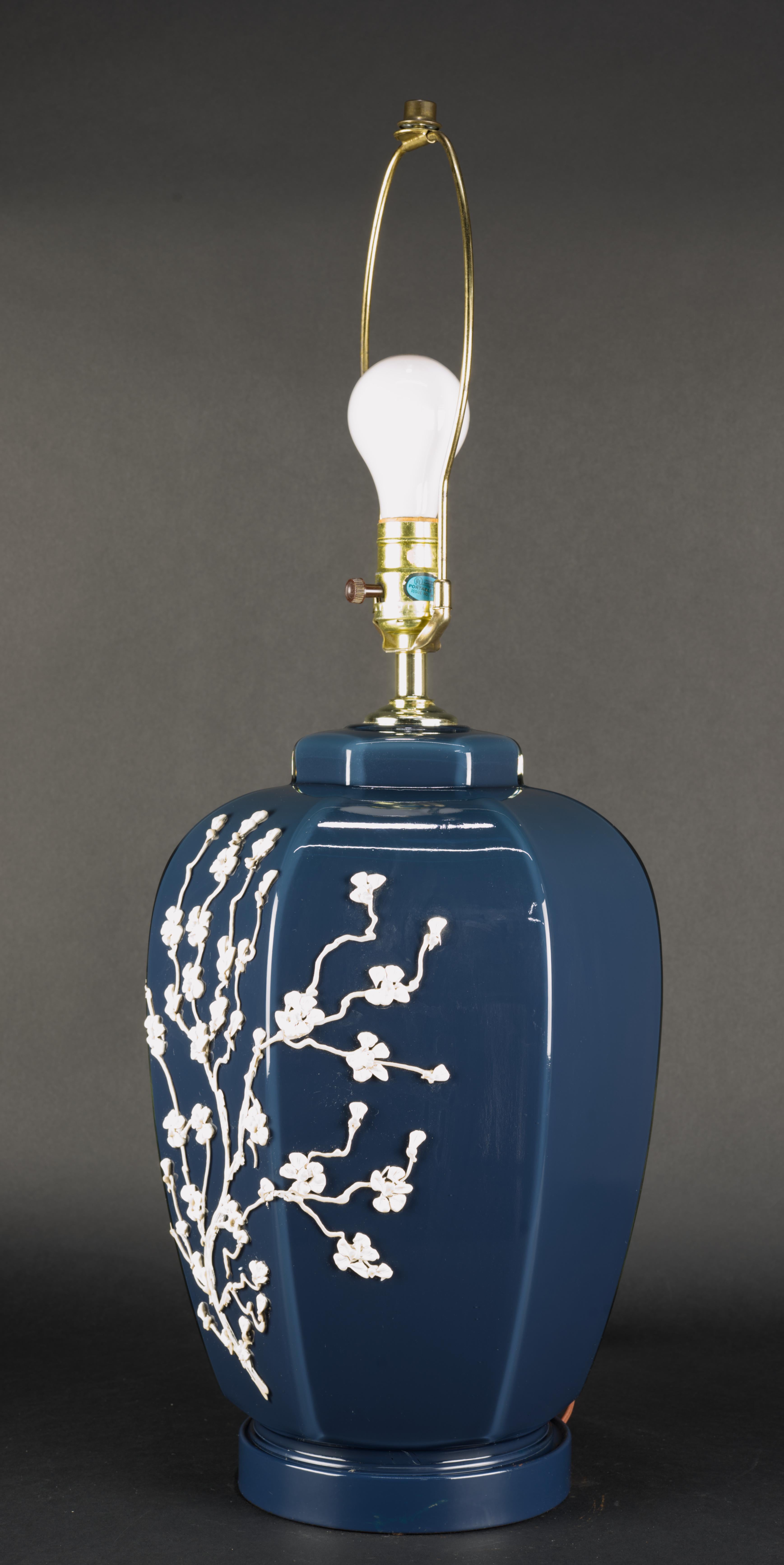 American Postmodern Blue and White Flowering Branches Glass Table Lamp For Sale