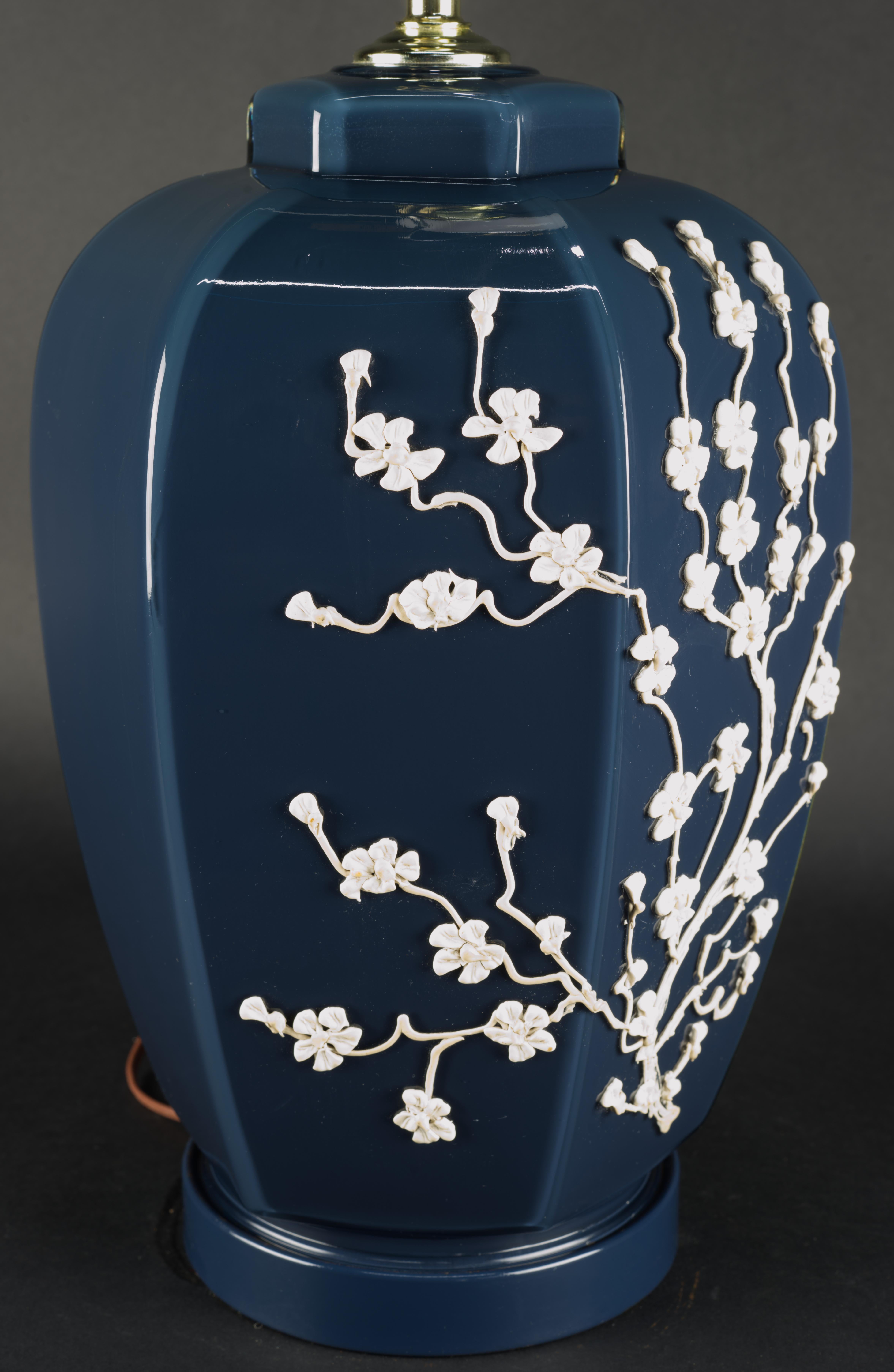 Postmodern Blue and White Flowering Branches Glass Table Lamp For Sale 1