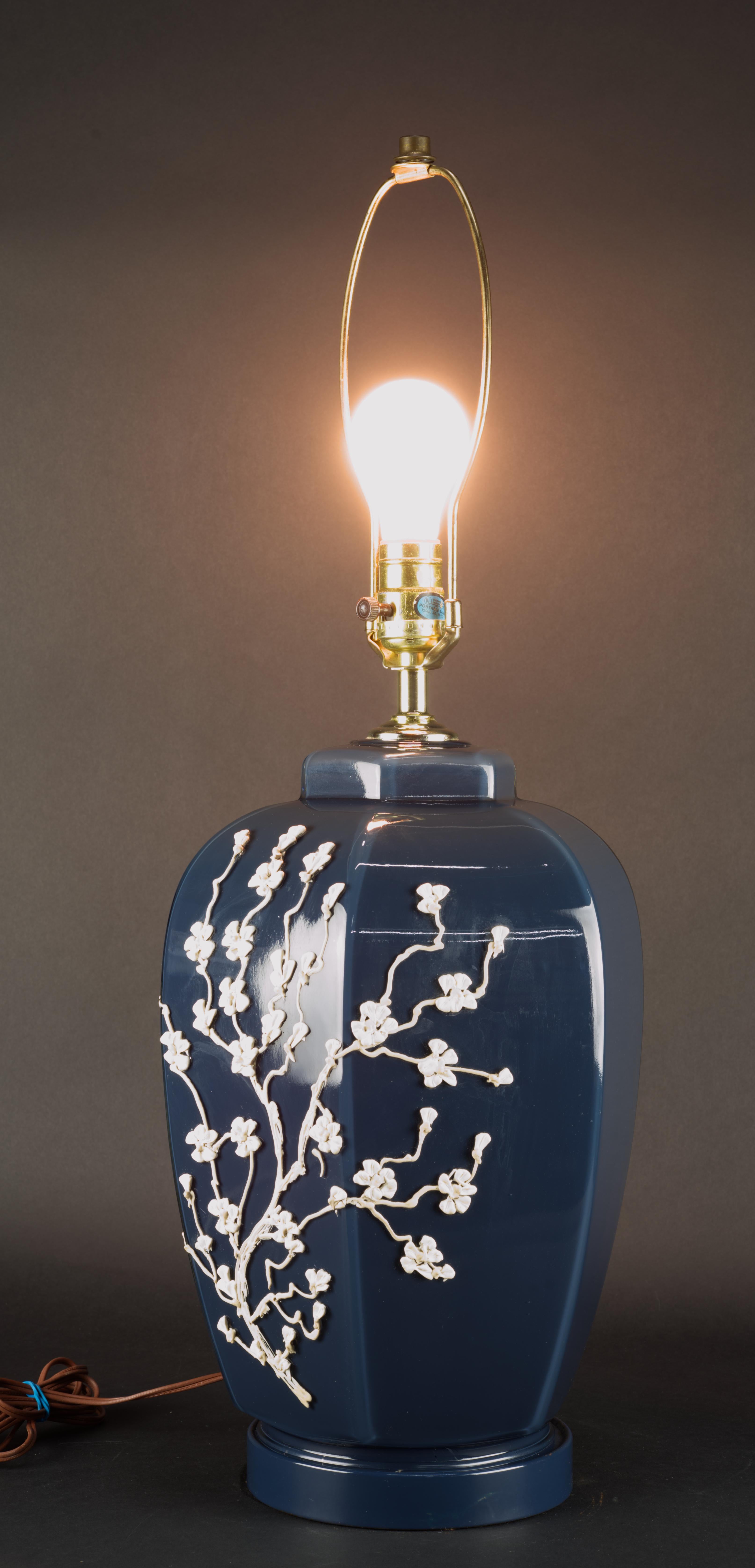 Postmodern Blue and White Flowering Branches Glass Table Lamp For Sale 3