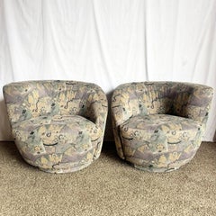 Postmodern Blue Gray and Purple Nautilus Swivel Chairs - A Pair