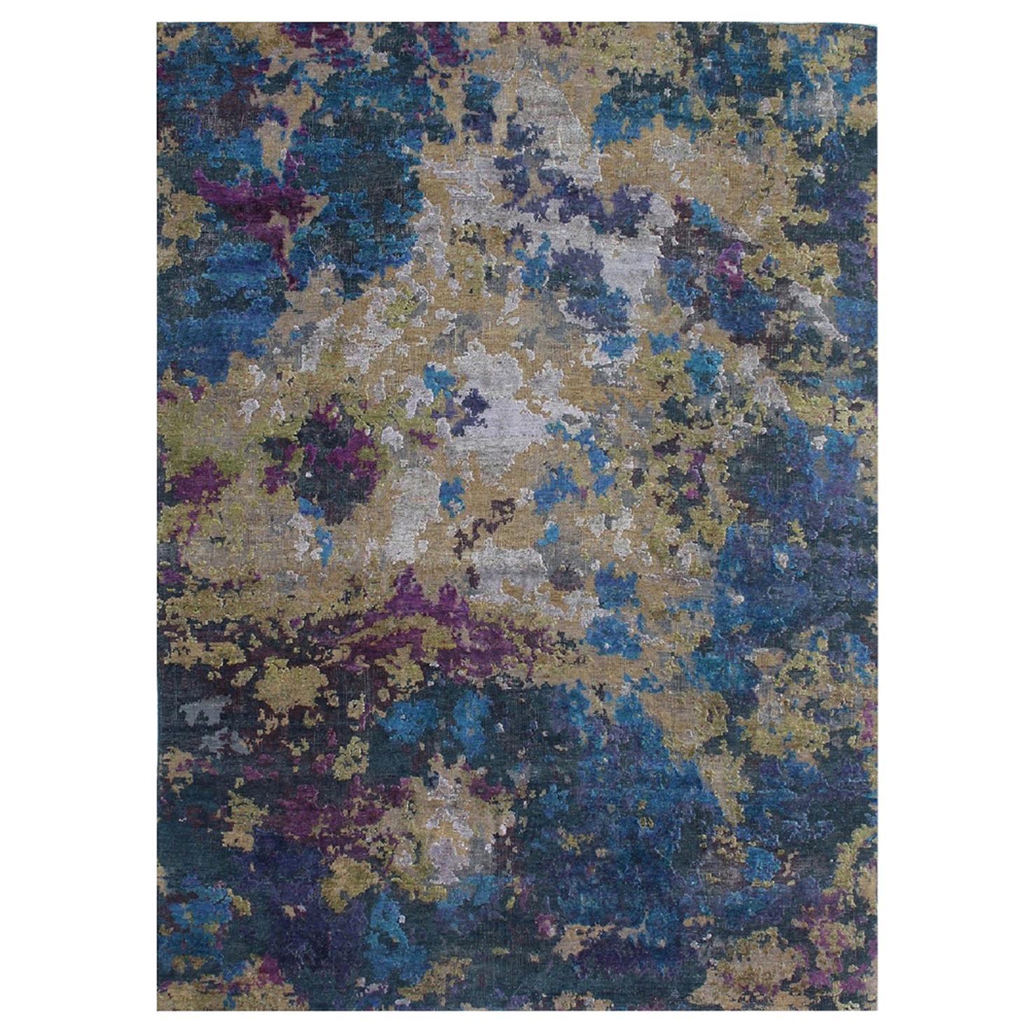 Tapis abstrait postmoderne en laine et soie noué à la main, bleu, vert et violet en vente