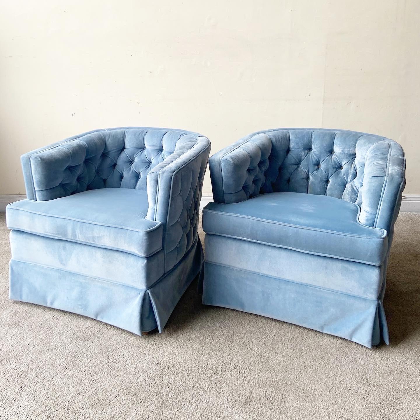Postmodern Blue Upholstered Barrel Chairs, a Pair 3