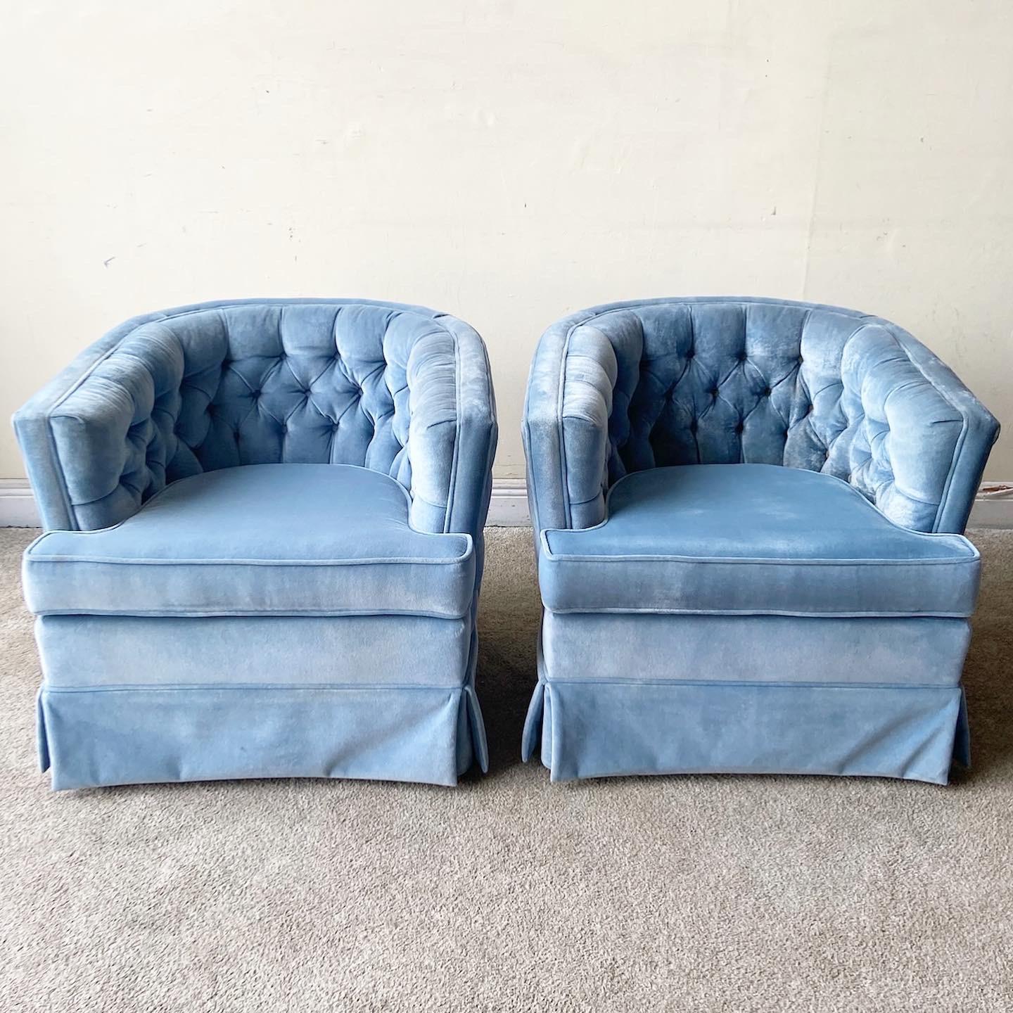 Postmodern Blue Upholstered Barrel Chairs, a Pair 6