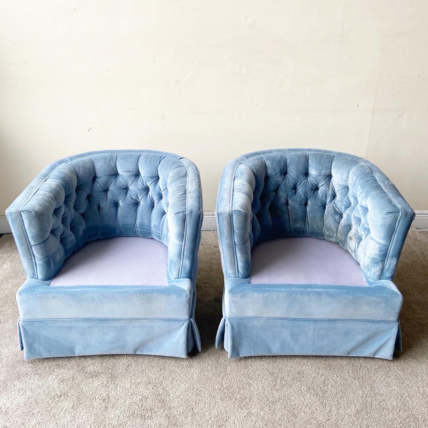 American Postmodern Blue Upholstered Barrel Chairs, a Pair