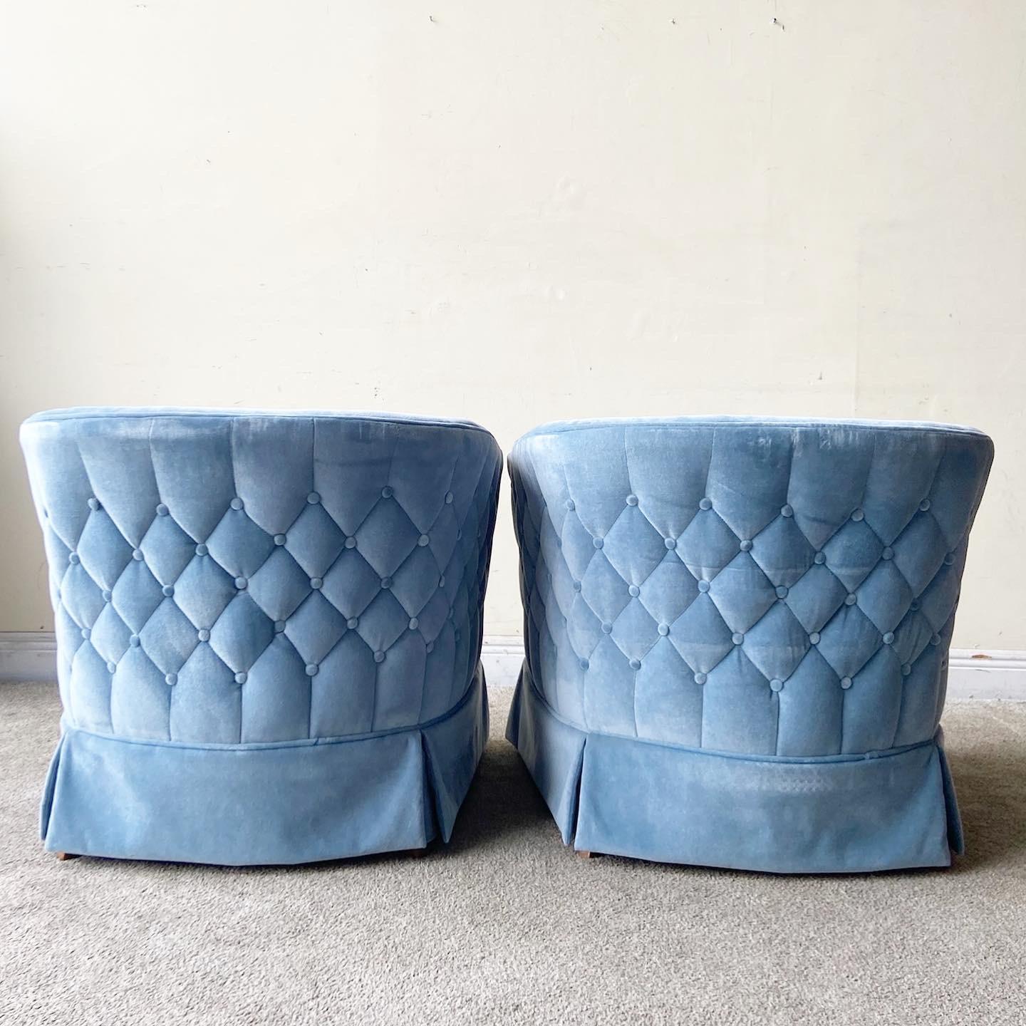 Late 20th Century Postmodern Blue Upholstered Barrel Chairs, a Pair