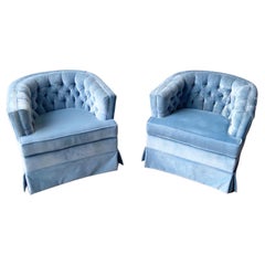 Postmodern Blue Upholstered Barrel Chairs, a Pair