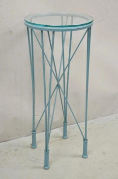 Postmodern Blue Wrought Iron "Skyscraper" Glass Top Pedestal Stand Side Table