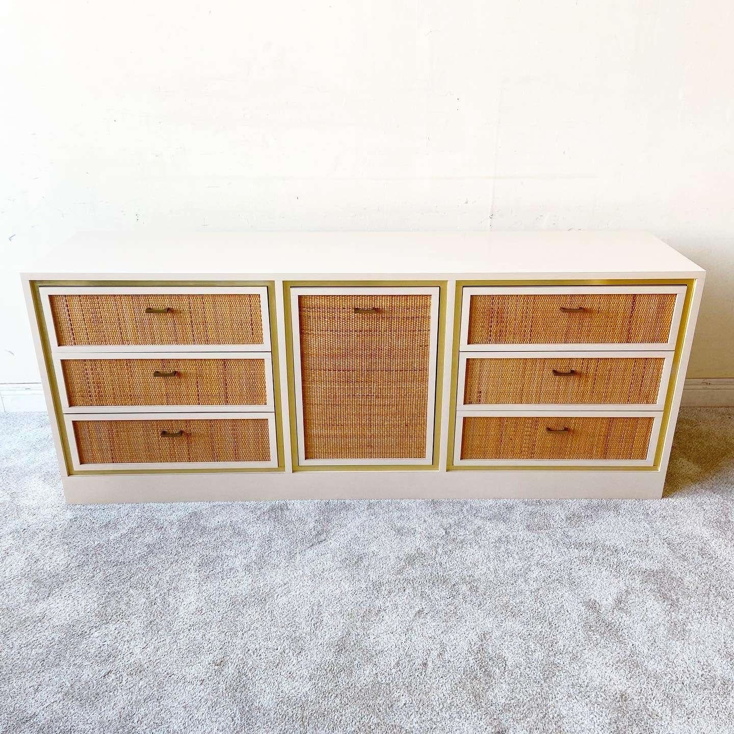 Post-Modern Postmodern Boho Cream Lacquer Laminate and Wicker Dresser - 6 Drawers For Sale