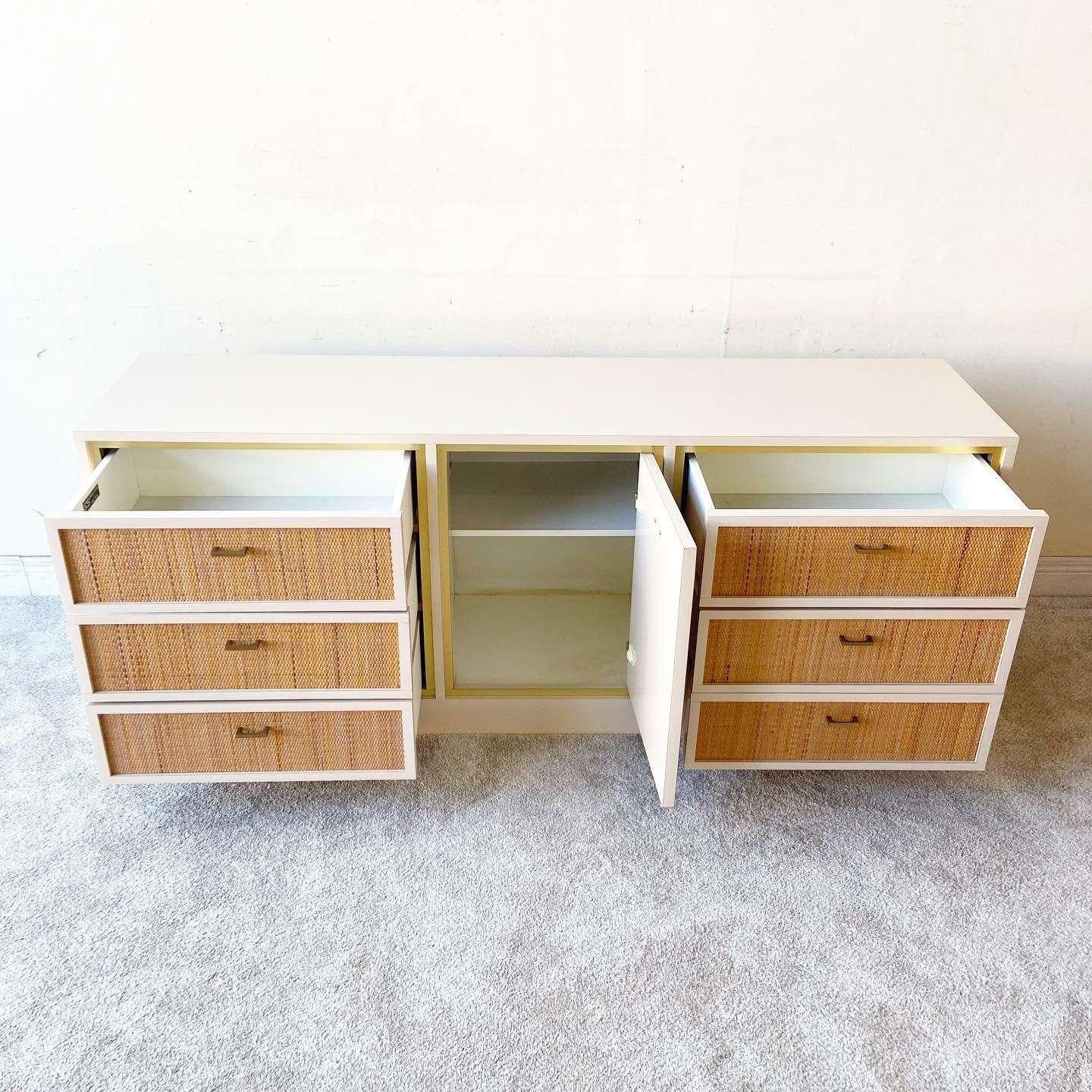 Postmodern Boho Cream Lacquer Laminate and Wicker Dresser - 6 Drawers For Sale 2