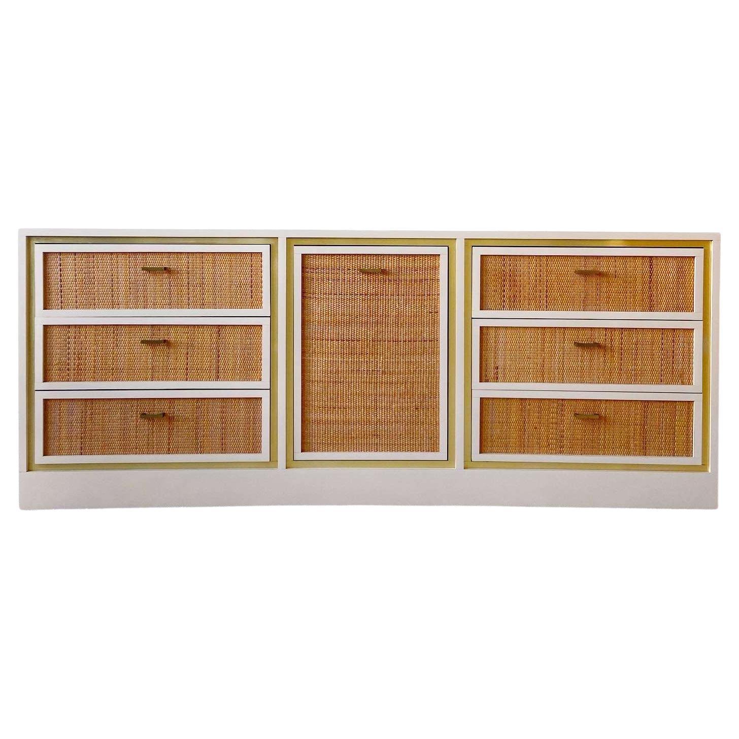 Postmodern Boho Cream Lacquer Laminate and Wicker Dresser - 6 Drawers For Sale