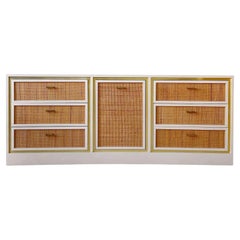 Used Postmodern Boho Cream Lacquer Laminate and Wicker Dresser - 6 Drawers
