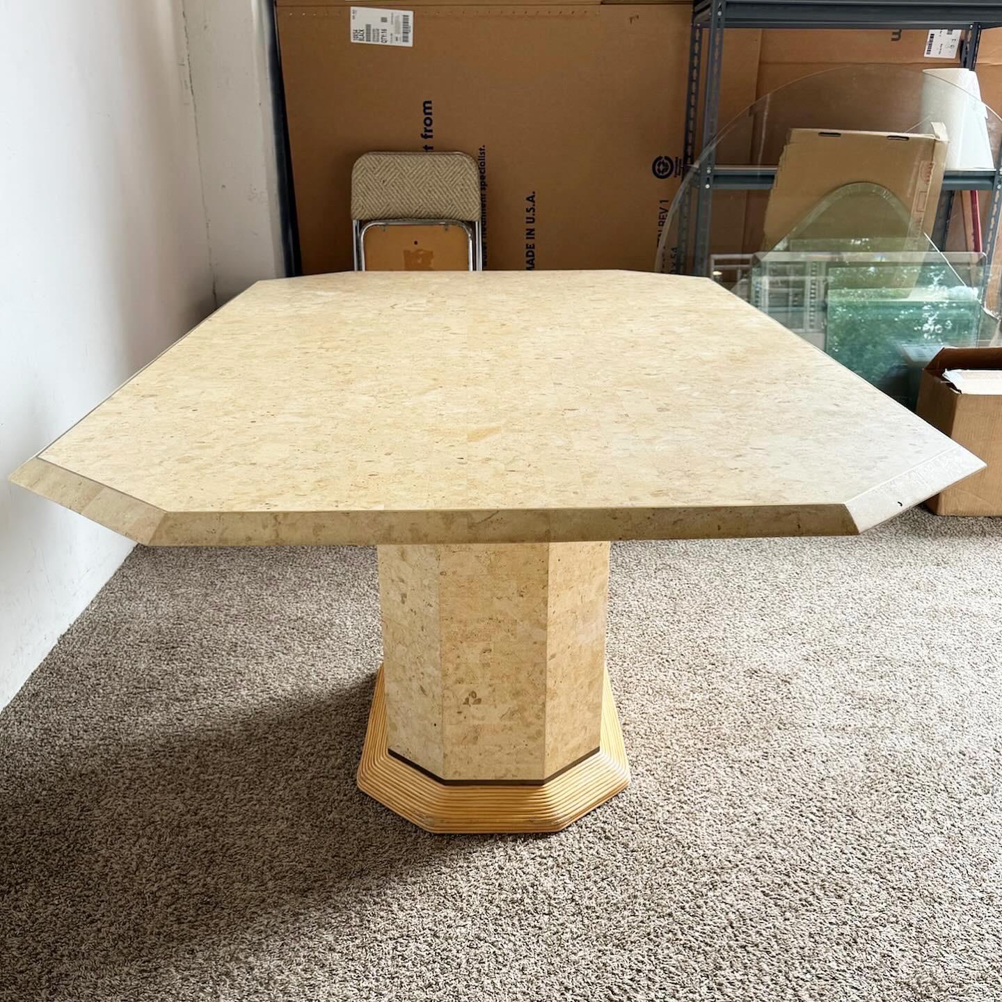 20th Century Postmodern Boho Tessellated Stone and Pencil Reed Dining Table For Sale
