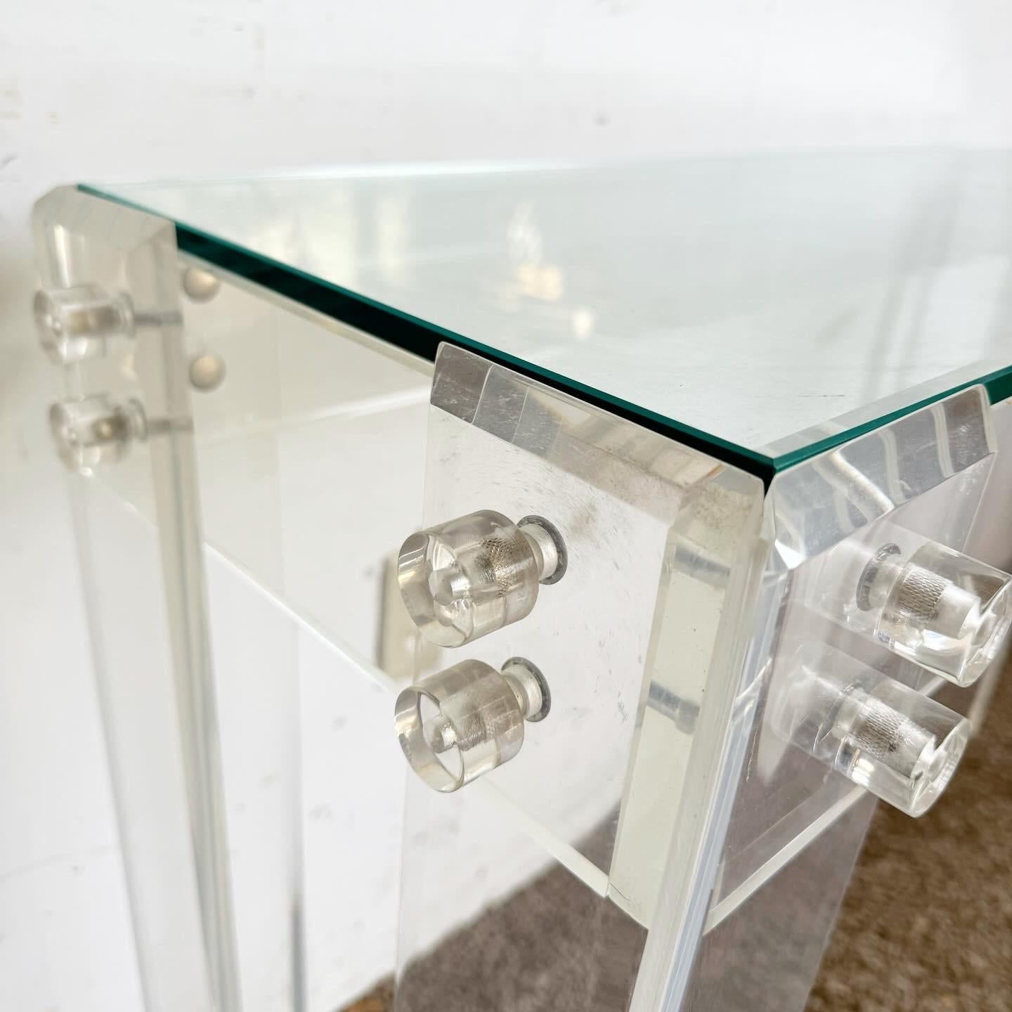 American Postmodern Bolted Lucite and Inlaid Glass Top Console Table For Sale