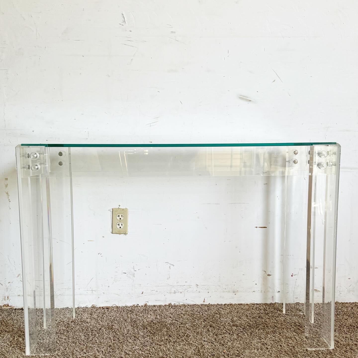 Postmodern Bolted Lucite and Inlaid Glass Top Console Table In Good Condition For Sale In Delray Beach, FL