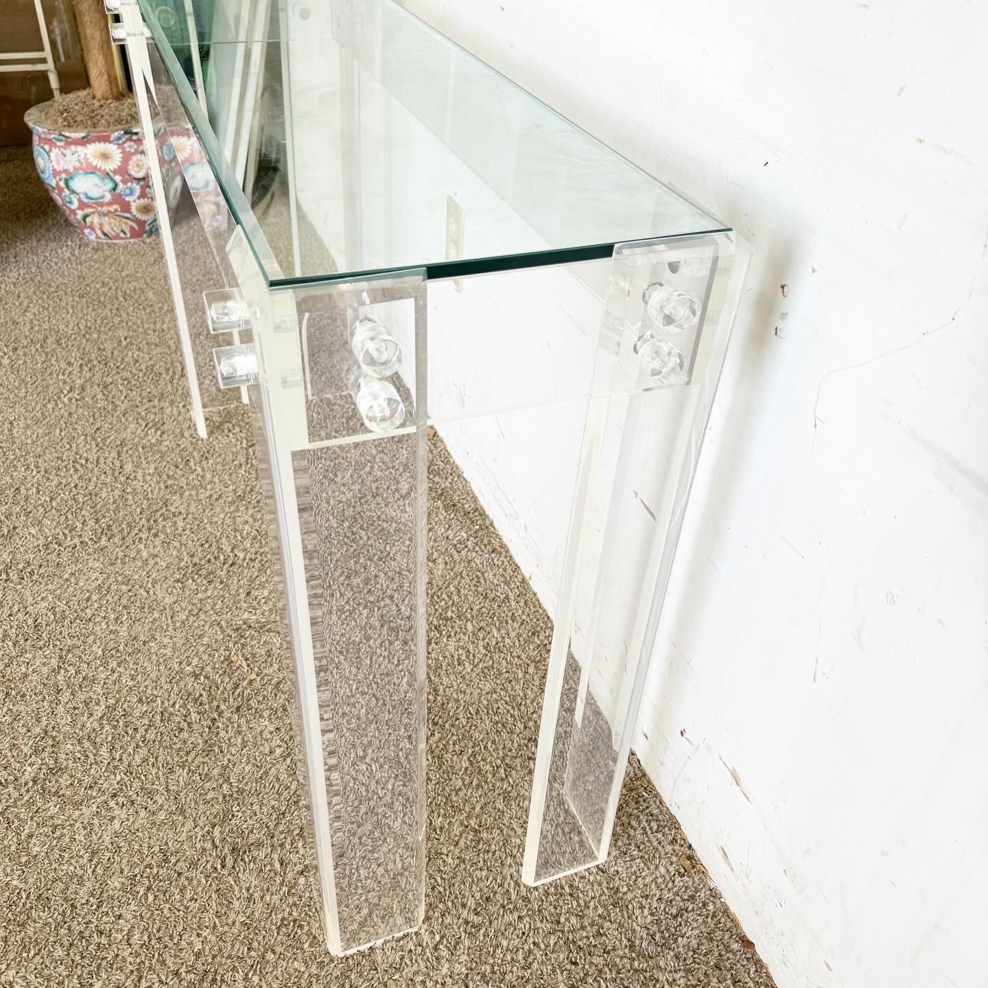Late 20th Century Postmodern Bolted Lucite and Inlaid Glass Top Console Table For Sale