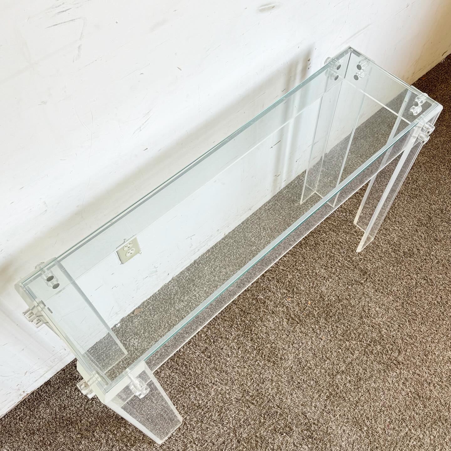 Postmodern Bolted Lucite and Inlaid Glass Top Console Table For Sale 1
