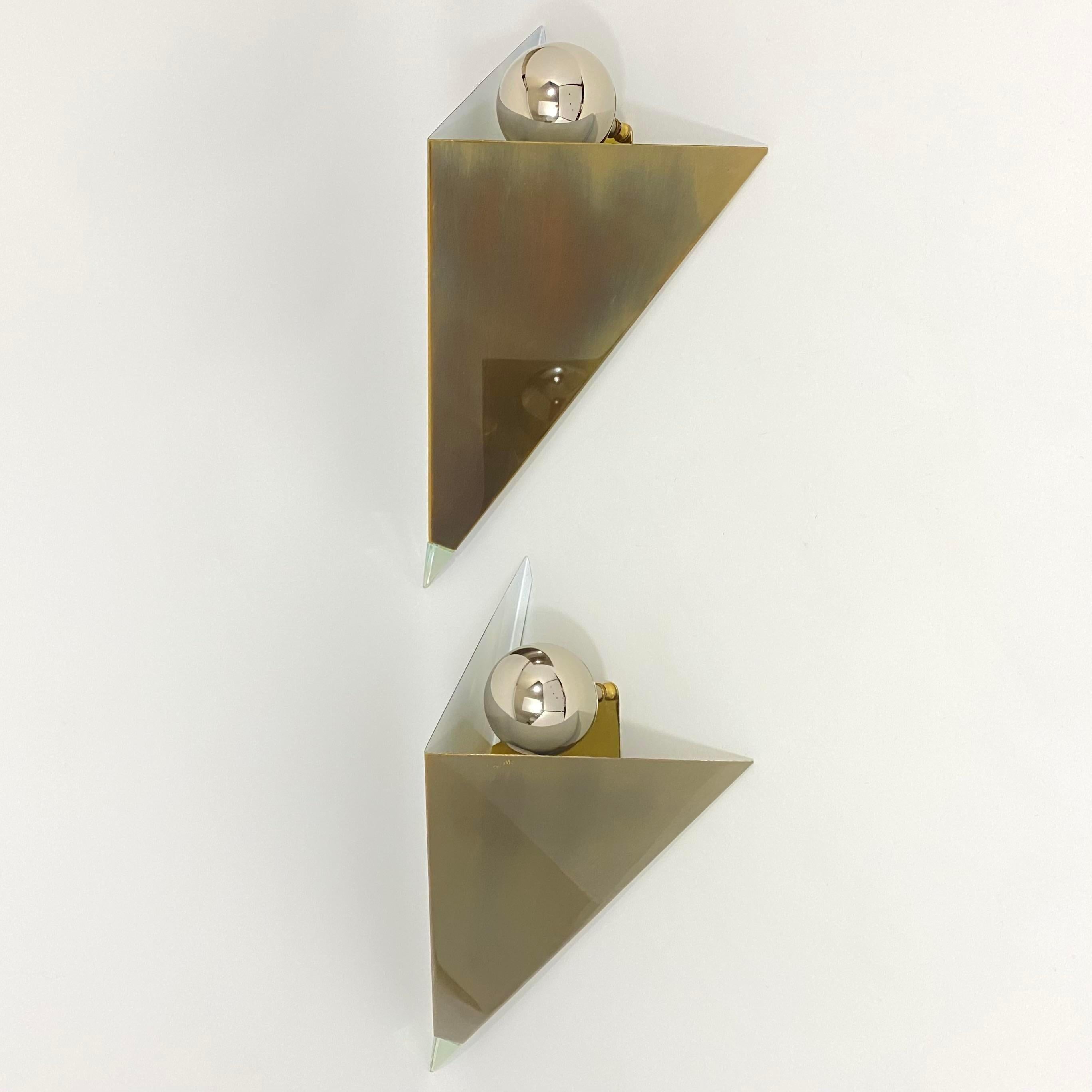 Postmodern Brass Finish, Glass Finial, and Chrome Sphere Sconces- a Pair In Excellent Condition For Sale In Westfield, NJ