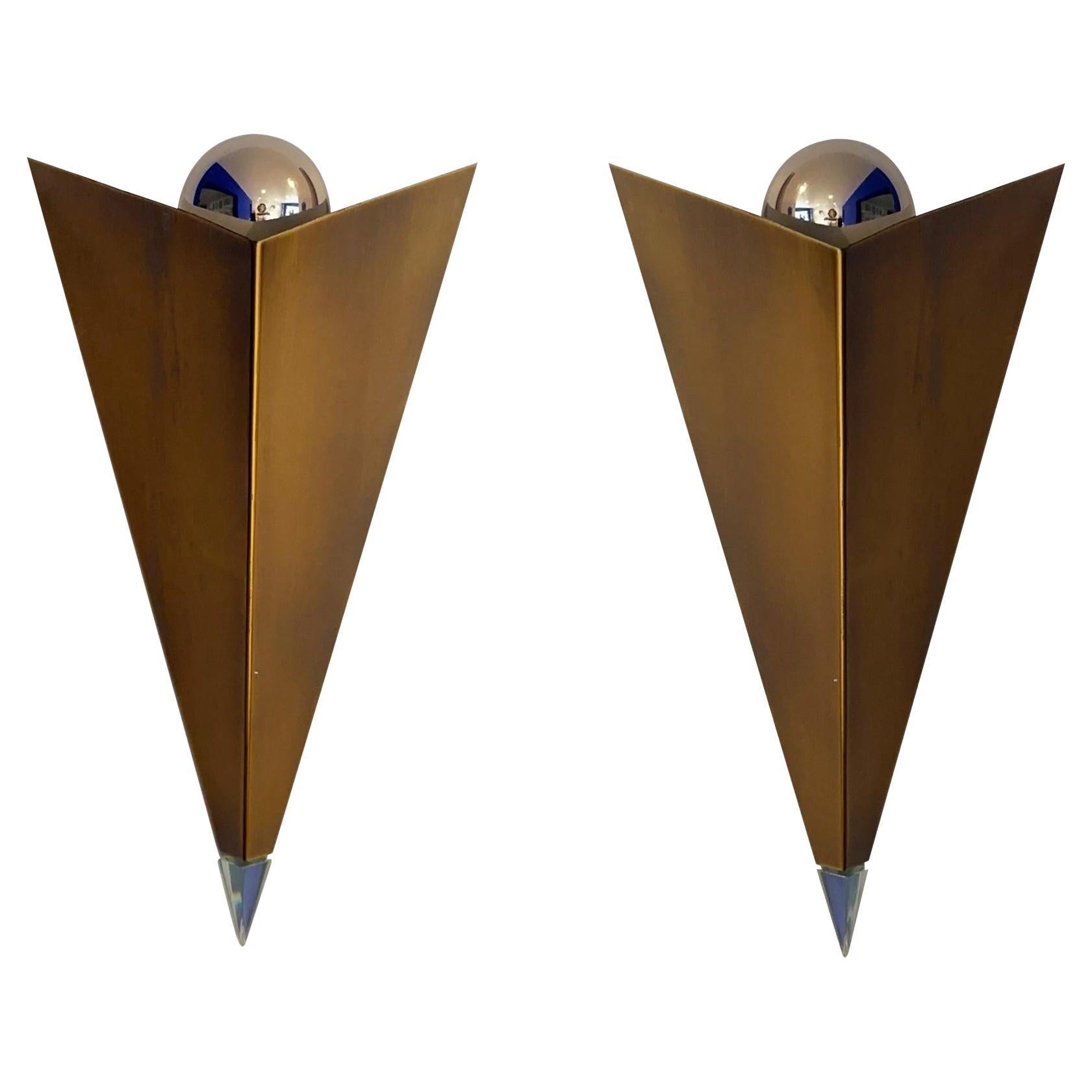 Postmodern Brass Finish, Glass Finial, and Chrome Sphere Sconces- a Pair