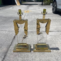 Postmodern Brass & Lucite Ionic Column Pillar Swag Table Lamps, a Pair