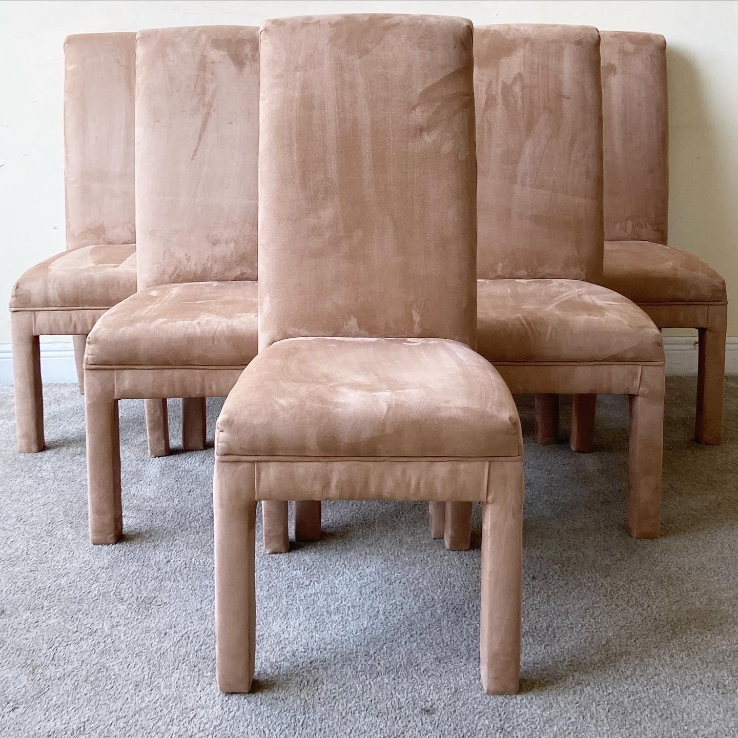 Post-Modern Postmodern Brown Fabric Parsons Dining Chairs - Set of 6 For Sale
